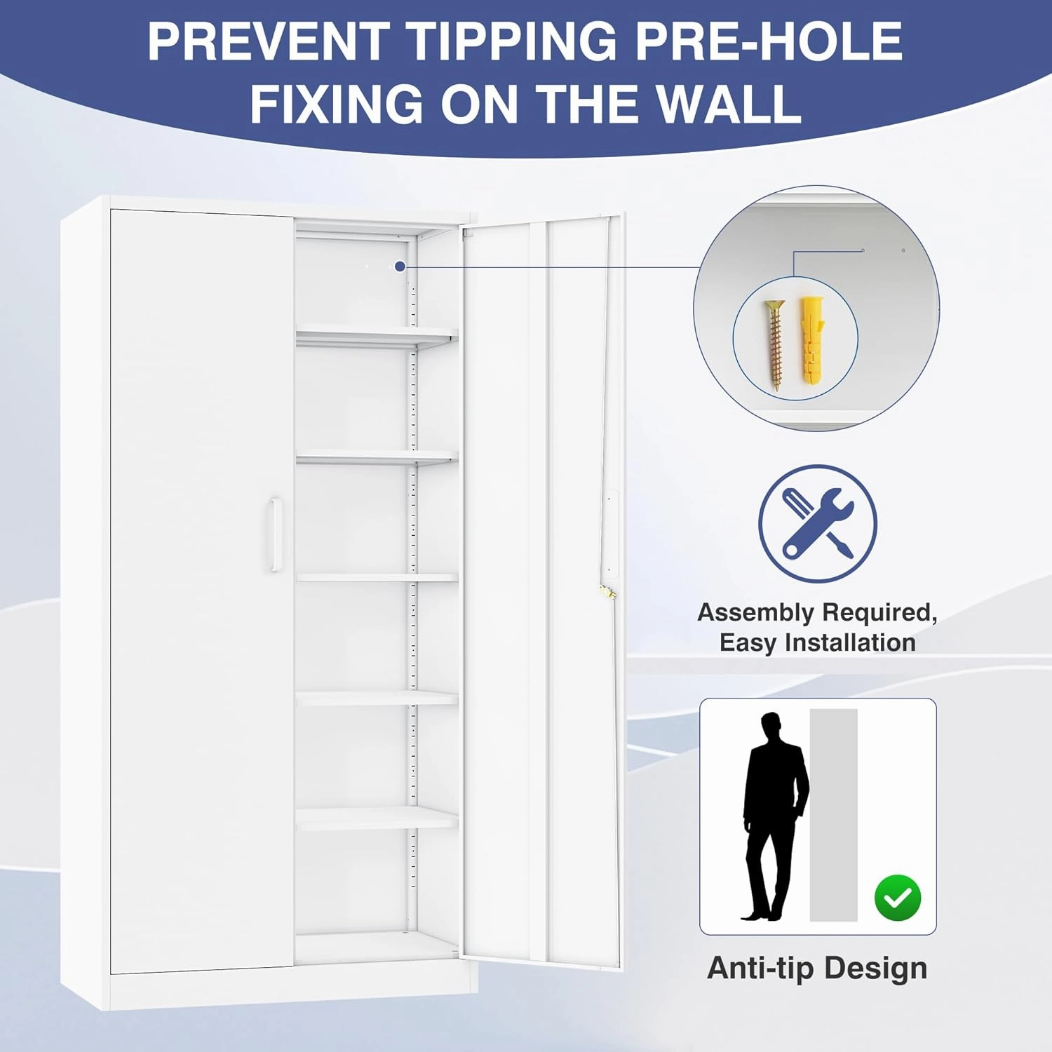 Metal Storage Cabinet with Lock,Tall White File Cabinet with 2 Doors and 5 Adjustable Shelves,Steel Storage Cabinets for Garage,Home Office,Pantry,School,Hospital