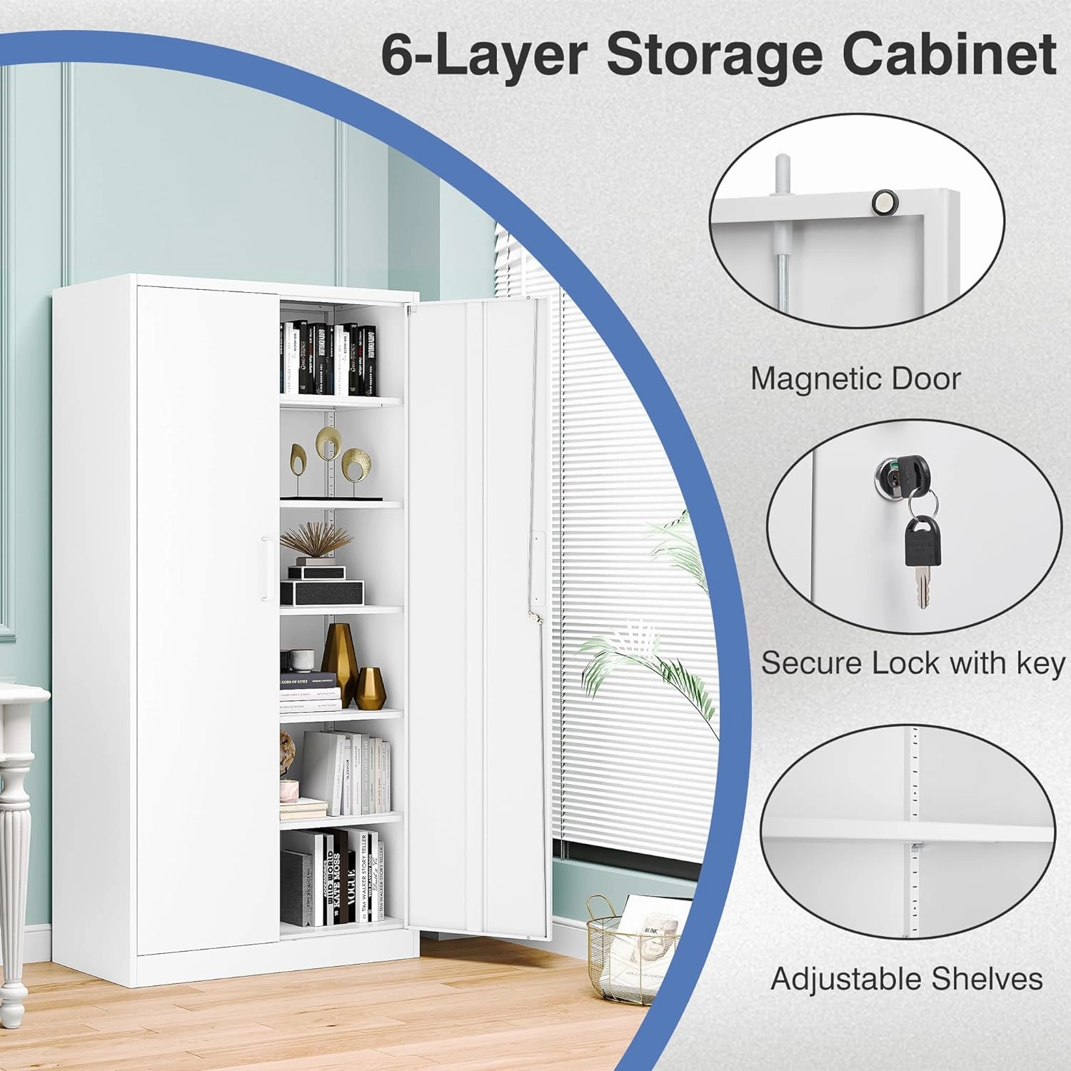 Metal Storage Cabinet with Lock,Tall White File Cabinet with 2 Doors and 5 Adjustable Shelves,Steel Storage Cabinets for Garage,Home Office,Pantry,School,Hospital