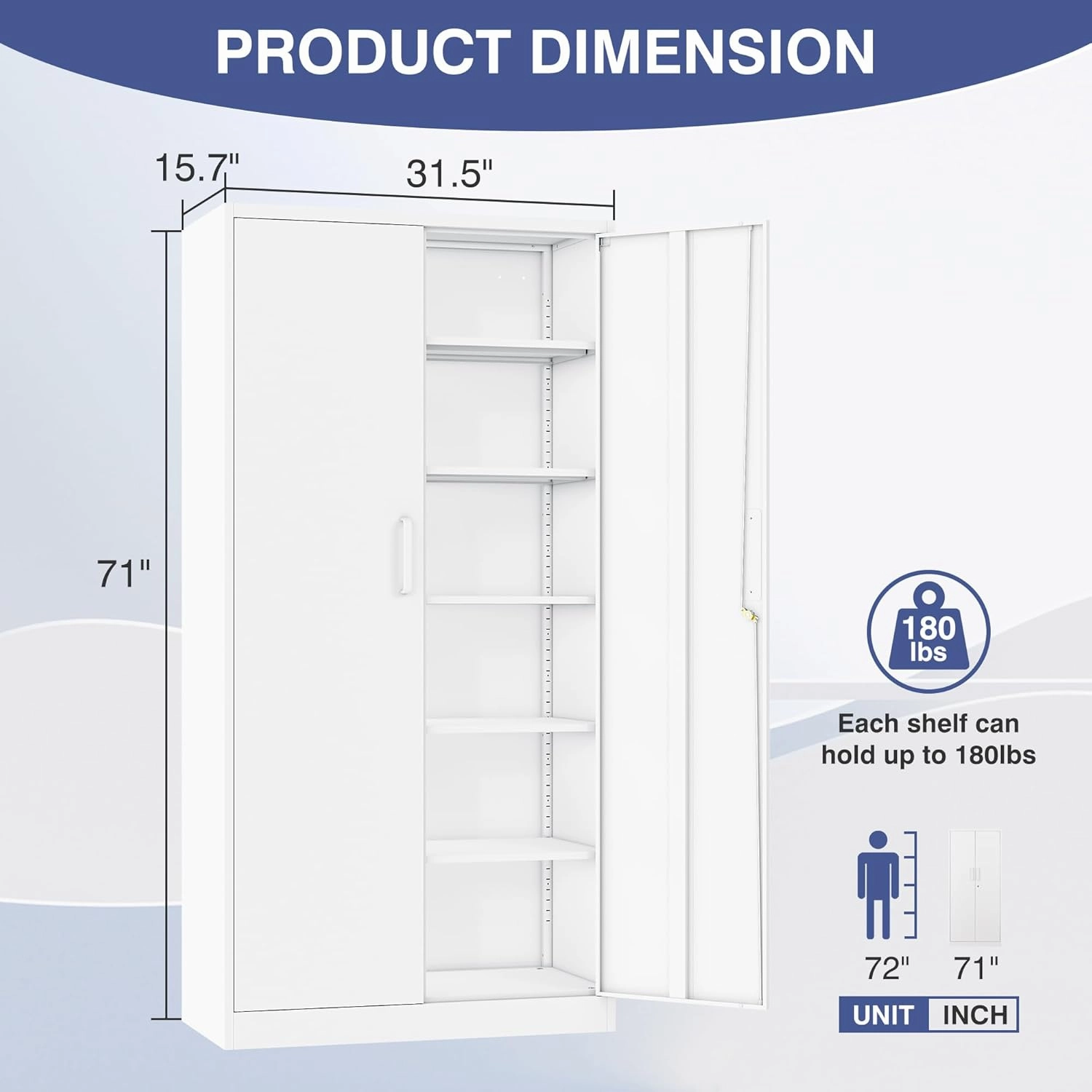 Metal Storage Cabinet with Lock,Tall White File Cabinet with 2 Doors and 5 Adjustable Shelves,Steel Storage Cabinets for Garage,Home Office,Pantry,School,Hospital