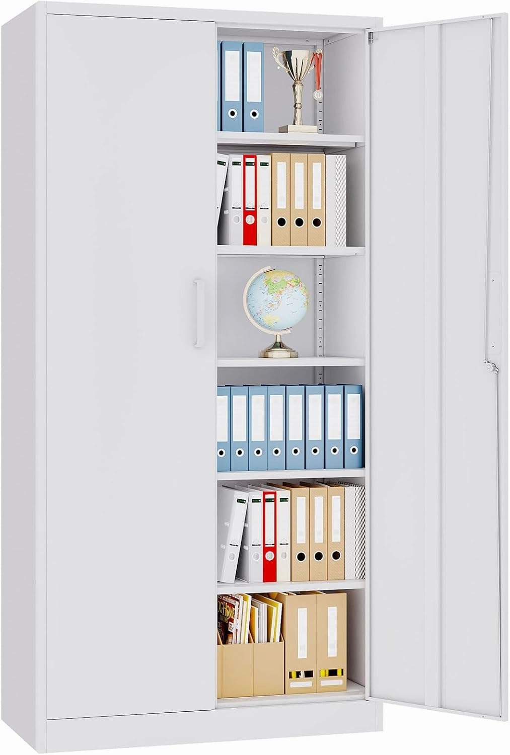 Metal Storage Cabinet with Lock,Tall White File Cabinet with 2 Doors and 5 Adjustable Shelves,Steel Storage Cabinets for Garage,Home Office,Pantry,School,Hospital equipment cabinet,AV gear cabinet,component enclosure,