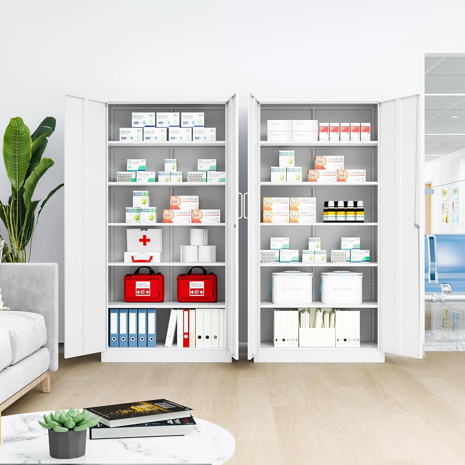 Metal Storage Cabinet with Lock,Tall White File Cabinet with 2 Doors and 5 Adjustable Shelves,Steel Storage Cabinets for Garage,Home Office,Pantry,School,Hospital