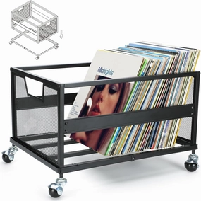 Metal Vinyl Record Storage Crate with Wheels, Vinyl Record Holder for Albums, Vinyl Record Storage Rack - Holds up to 100 LP, Stylish Organizer for Your Vinyl Record Collection vinyl storage,record holder,LP organizer,