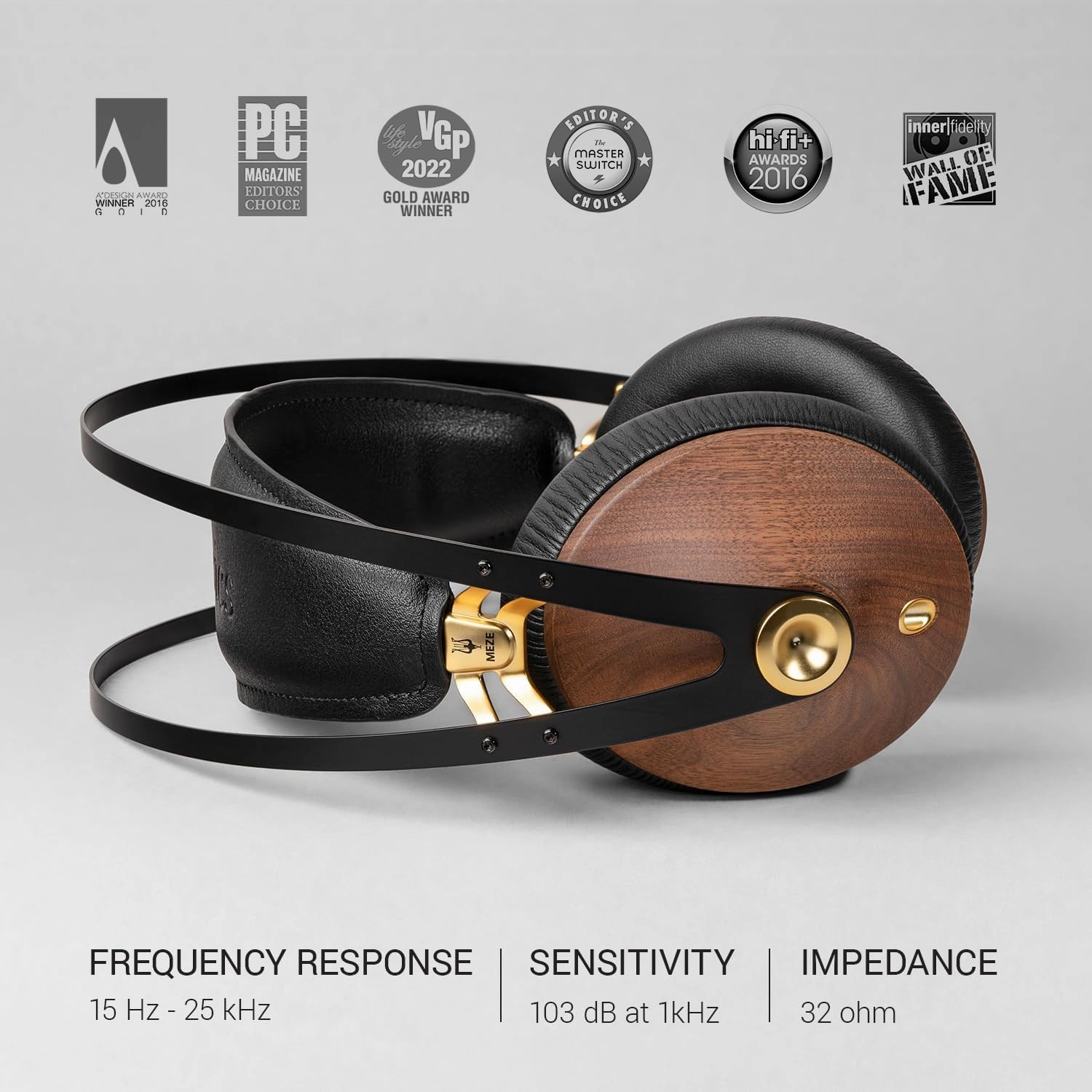 MEZE AUDIO | 99 Classics Walnut Gold | Wooden Closed-Back Headphones for Audiophiles | Gaming | Podcasts | Home Office | Wired Over-Ear Headphones with Mic and Self Adjustable Headband