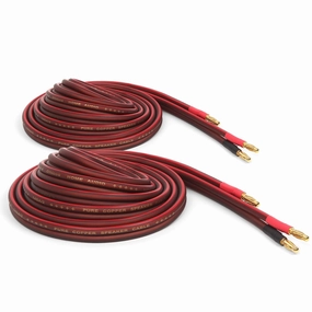 Micca 14 Gauge Pure Copper Speaker Wire, 6 Feet (2 Meters 6.6ft Actual), 2 Pack Pair, Gold Plated Banana Plugs Connectors, Soldered Construction, Slim Design, 245 Strands, for Stereo or Home Theater speaker cable,audio wire,hi-fi speaker cord,