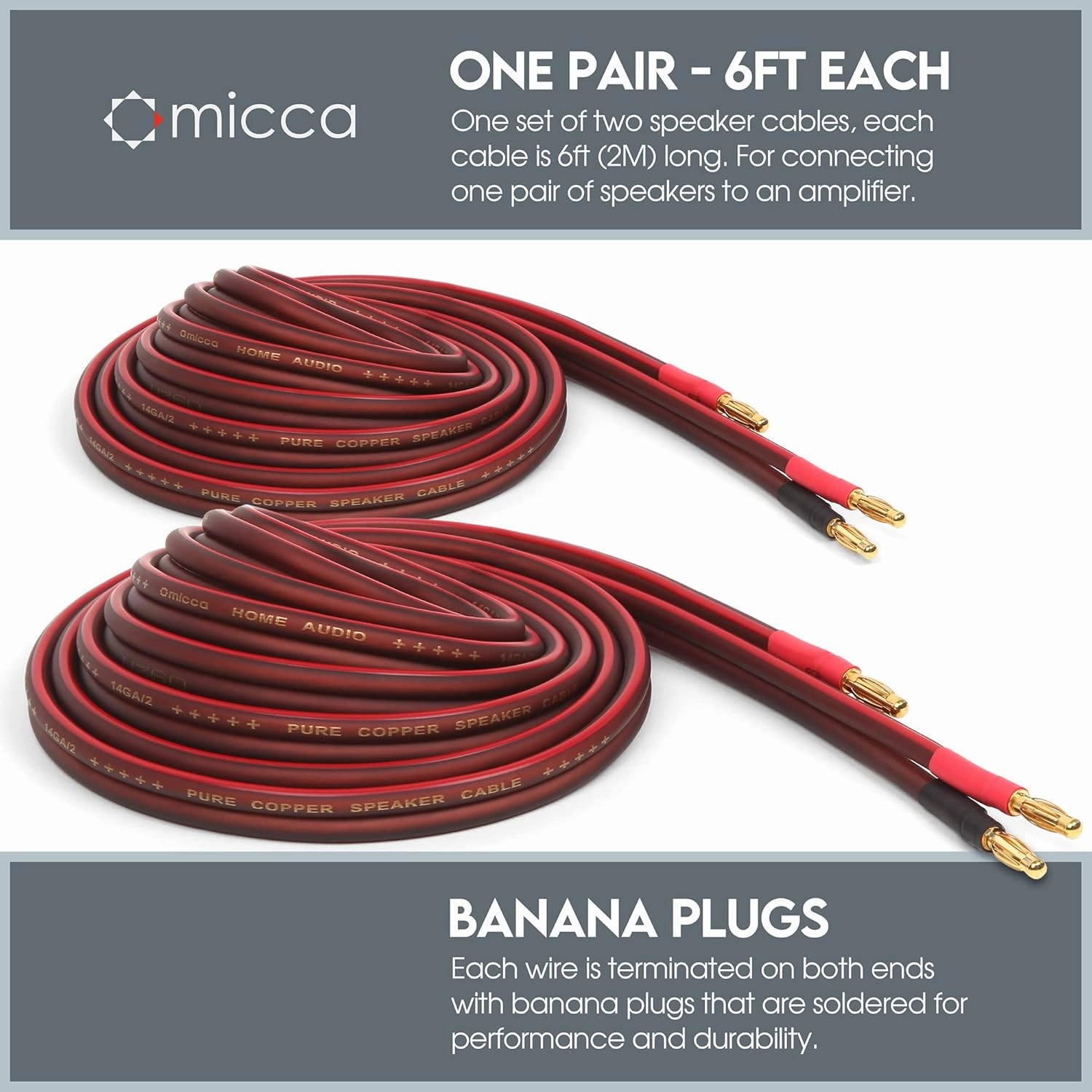 Micca 14 Gauge Pure Copper Speaker Wire, 6 Feet (2 Meters 6.6ft Actual), 2 Pack Pair, Gold Plated Banana Plugs Connectors, Soldered Construction, Slim Design, 245 Strands, for Stereo or Home Theater