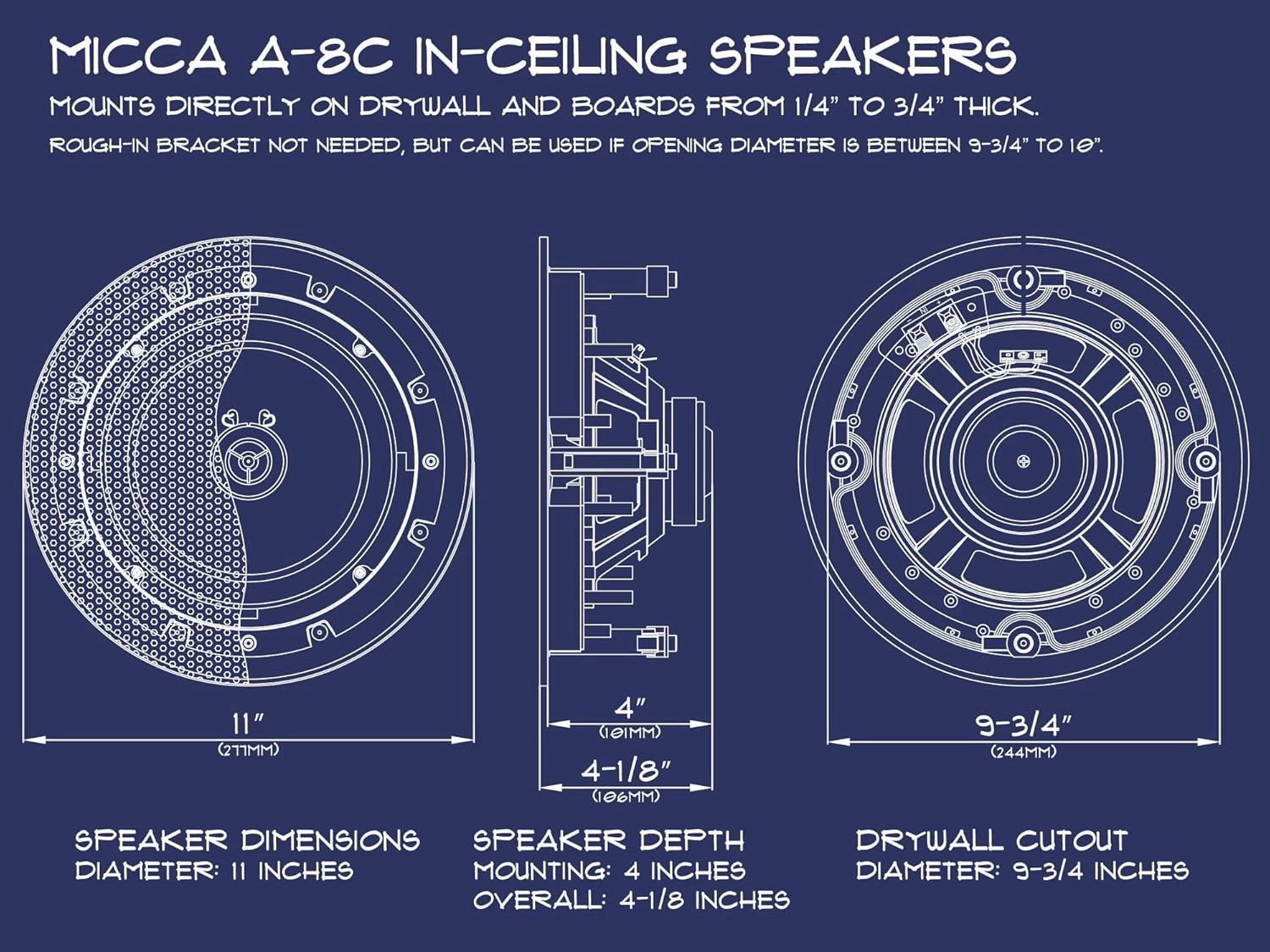 Micca 8" 2-Way in Ceiling or Wall Round Speakers, 4 Pack, 8 Inch Woofer, 9.75" Cutout Diameter, Low Profile Rimless Design, for Indoor Rooms or Covered Outdoor Porches, White, Paintable