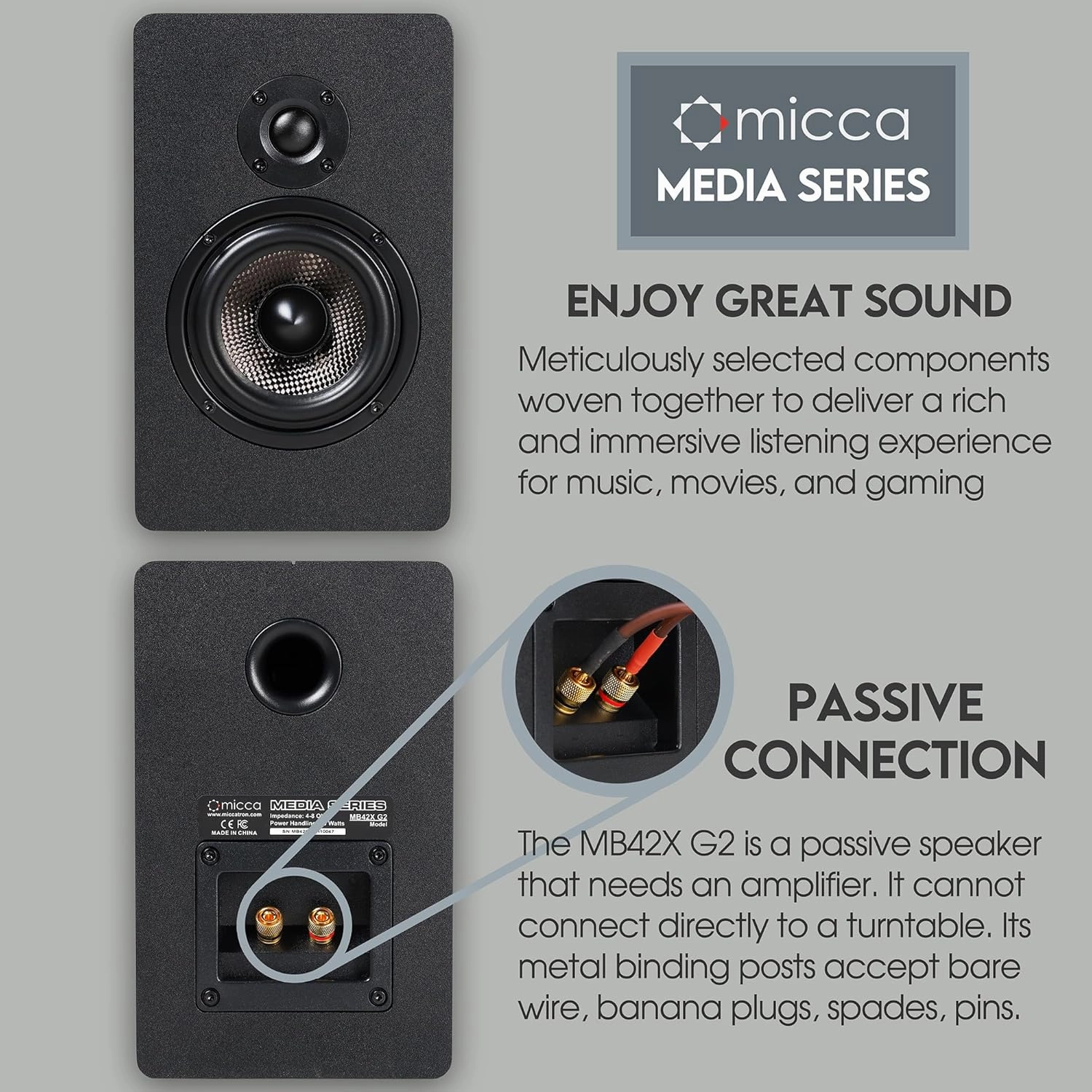 Micca MB42X G2 Passive Bookshelf Speakers for Home Theater Surround Sound, Stereo, and Passive Near Field Monitor, 2-Way (Black, Pair)