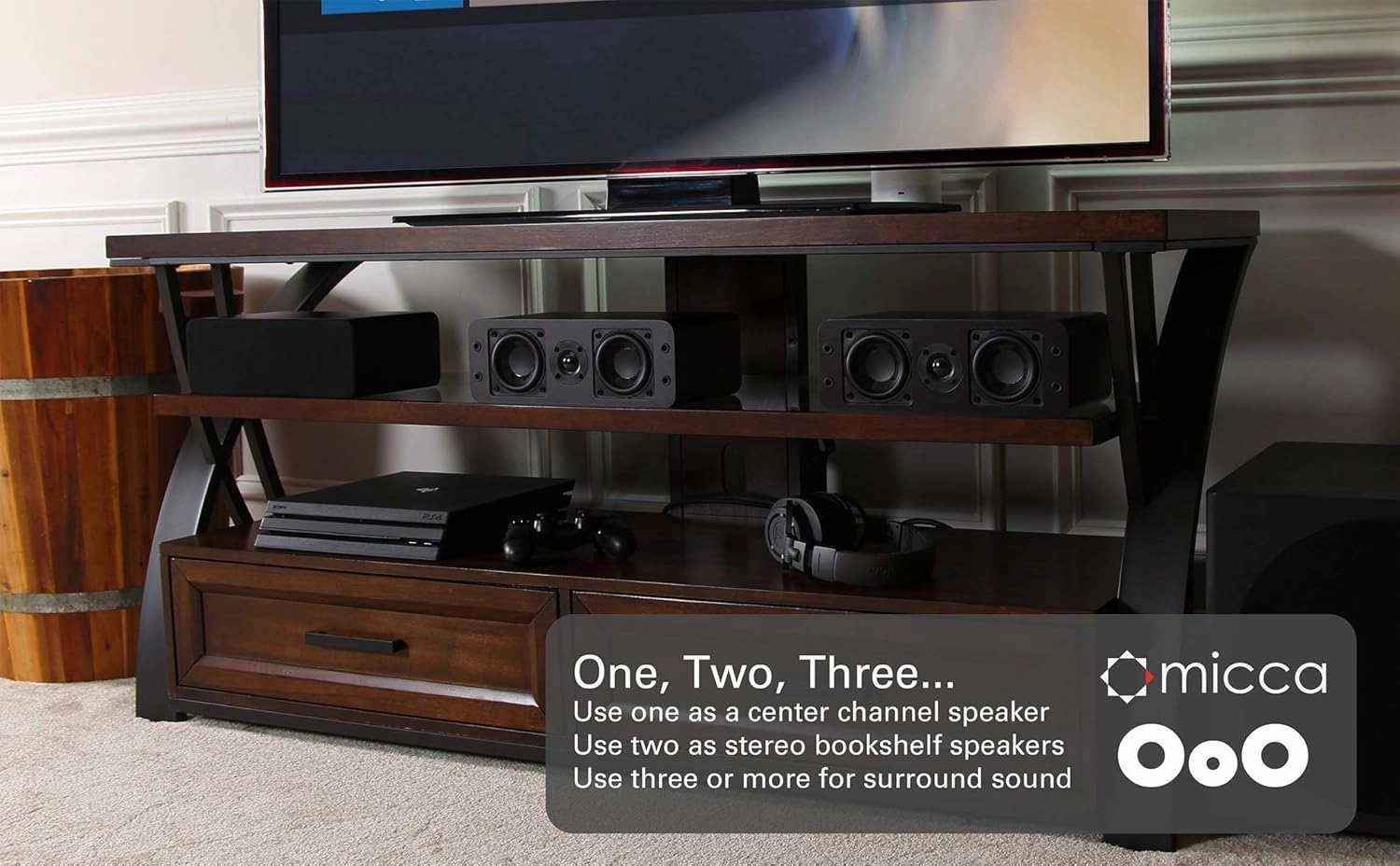 Micca OoO Passive Slim Bookshelf Speakers with 3-Inch Woofers and Silk Tweeter, Thin Design Under 4" Wide, for Desktop Stereo or Home Theater Surround Sound, Wall Mountable, Pair, Dark Walnut