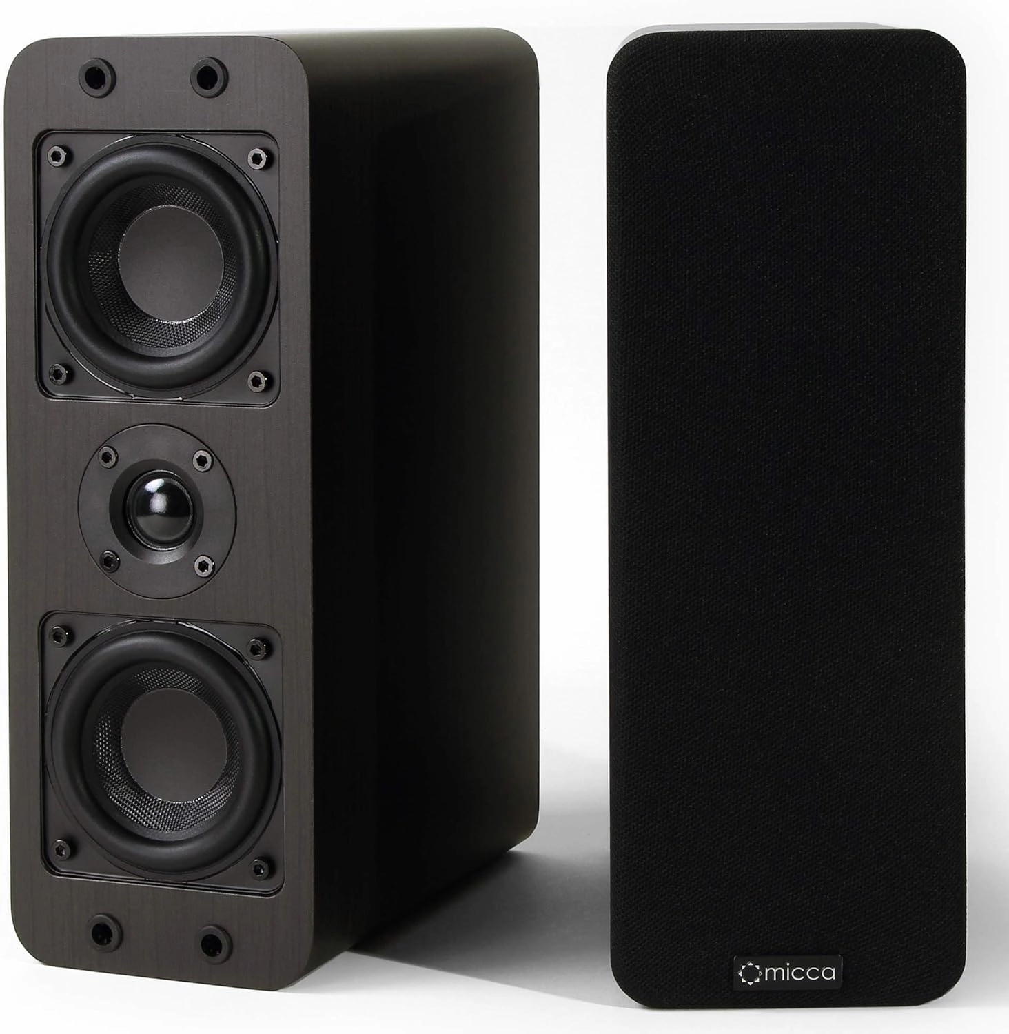 Micca OoO Passive Slim Bookshelf Speakers with 3-Inch Woofers and Silk Tweeter, Thin Design Under 4" Wide, for Desktop Stereo or Home Theater Surround Sound, Wall Mountable, Pair, Dark Walnut bookshelf speakers,compact stereo speakers,hi-fi shelf spea