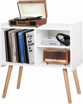 Mid-Century Record Player Stand, Vinyl Record Cabinet Holder with Storage Up to 100 Albums, Record Player Table for Living Room Bedroom Office, Turntable Stand with Wood Legs, White vinyl storage,record holder,LP organizer,
