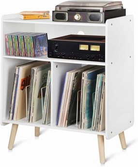Mid-Century Wood Record Player Stand, Large Vintage Turntable Stand for Living Room, Office, 3-Tier Vinyl Record Storage Cabinet Table Holds up to 100 Albums, White vinyl storage,record holder,LP organizer,