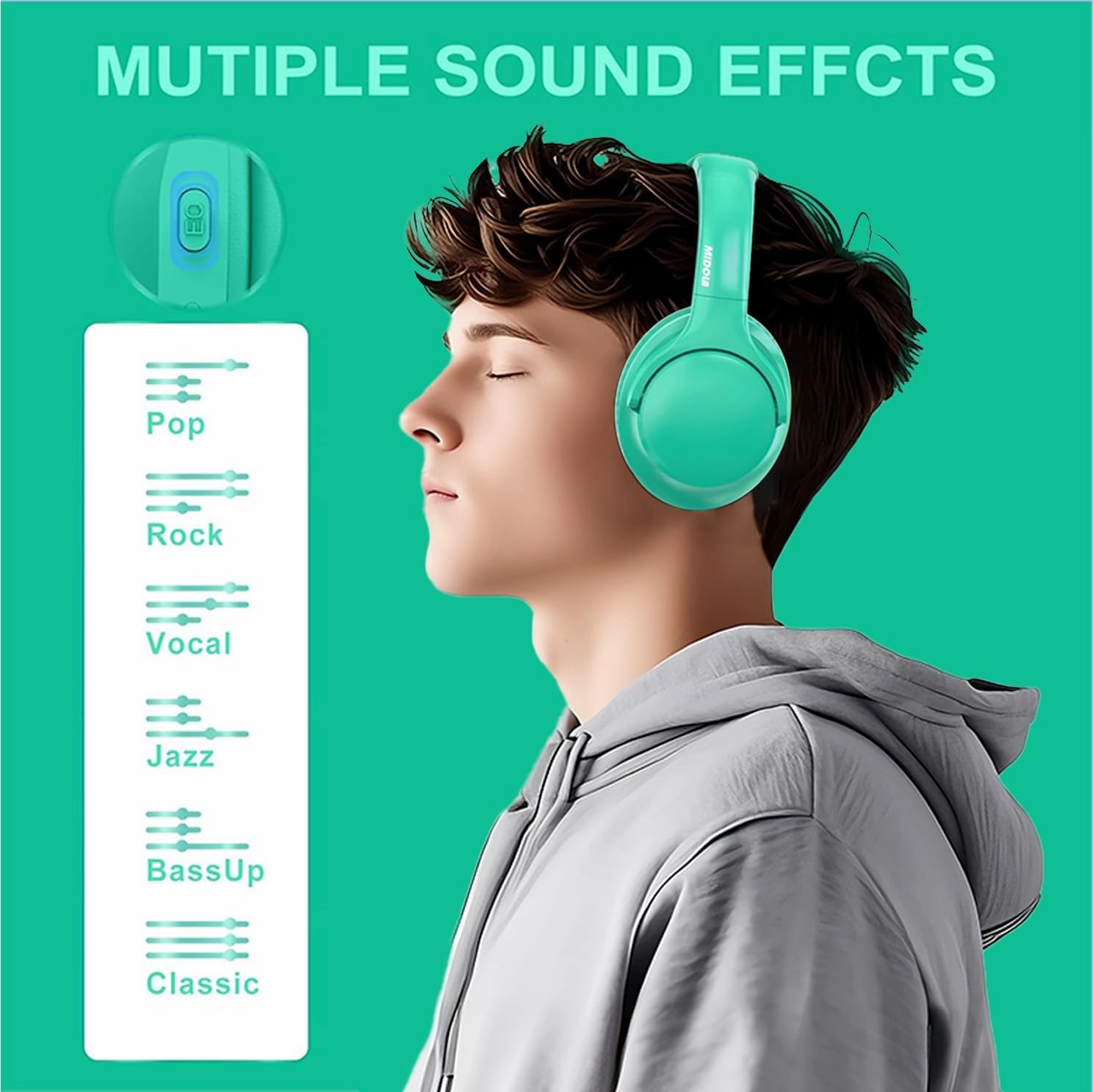 MIDOLA Bluetooth Headphones Over Ear 68H Playtime 6 EQ Wireless Headset with Microphone HiFi Stereo Foldable Lightweight Deep Bass for Travel Home Office Cellphone Cyan