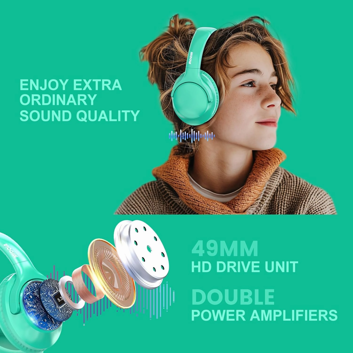 MIDOLA Bluetooth Headphones Over Ear 68H Playtime 6 EQ Wireless Headset with Microphone HiFi Stereo Foldable Lightweight Deep Bass for Travel Home Office Cellphone Cyan