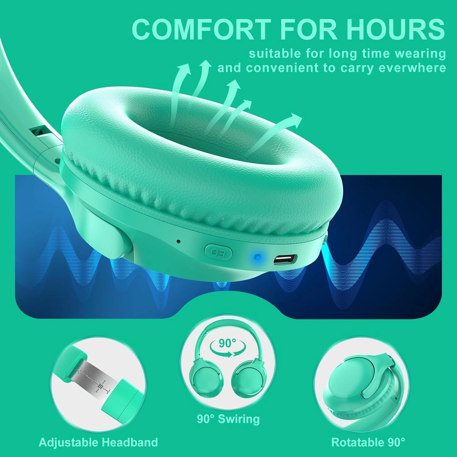 MIDOLA Bluetooth Headphones Over Ear 68H Playtime 6 EQ Wireless Headset with Microphone HiFi Stereo Foldable Lightweight Deep Bass for Travel Home Office Cellphone Cyan