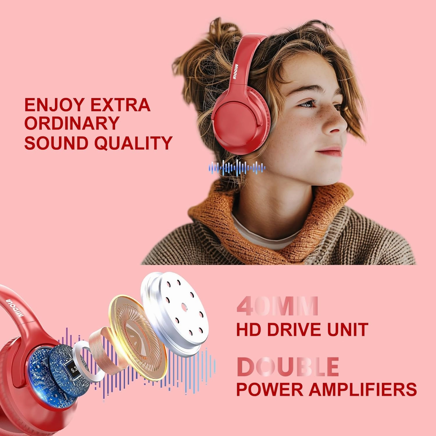 MIDOLA Bluetooth Headphones Over Ear 68H Playtime 6 EQ Wireless Headset with Microphone HiFi Stereo Foldable Lightweight Deep Bass for Travel Home Office Cellphone Red