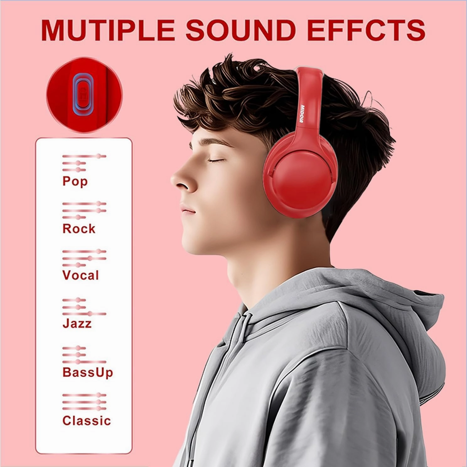 MIDOLA Bluetooth Headphones Over Ear 68H Playtime 6 EQ Wireless Headset with Microphone HiFi Stereo Foldable Lightweight Deep Bass for Travel Home Office Cellphone Red
