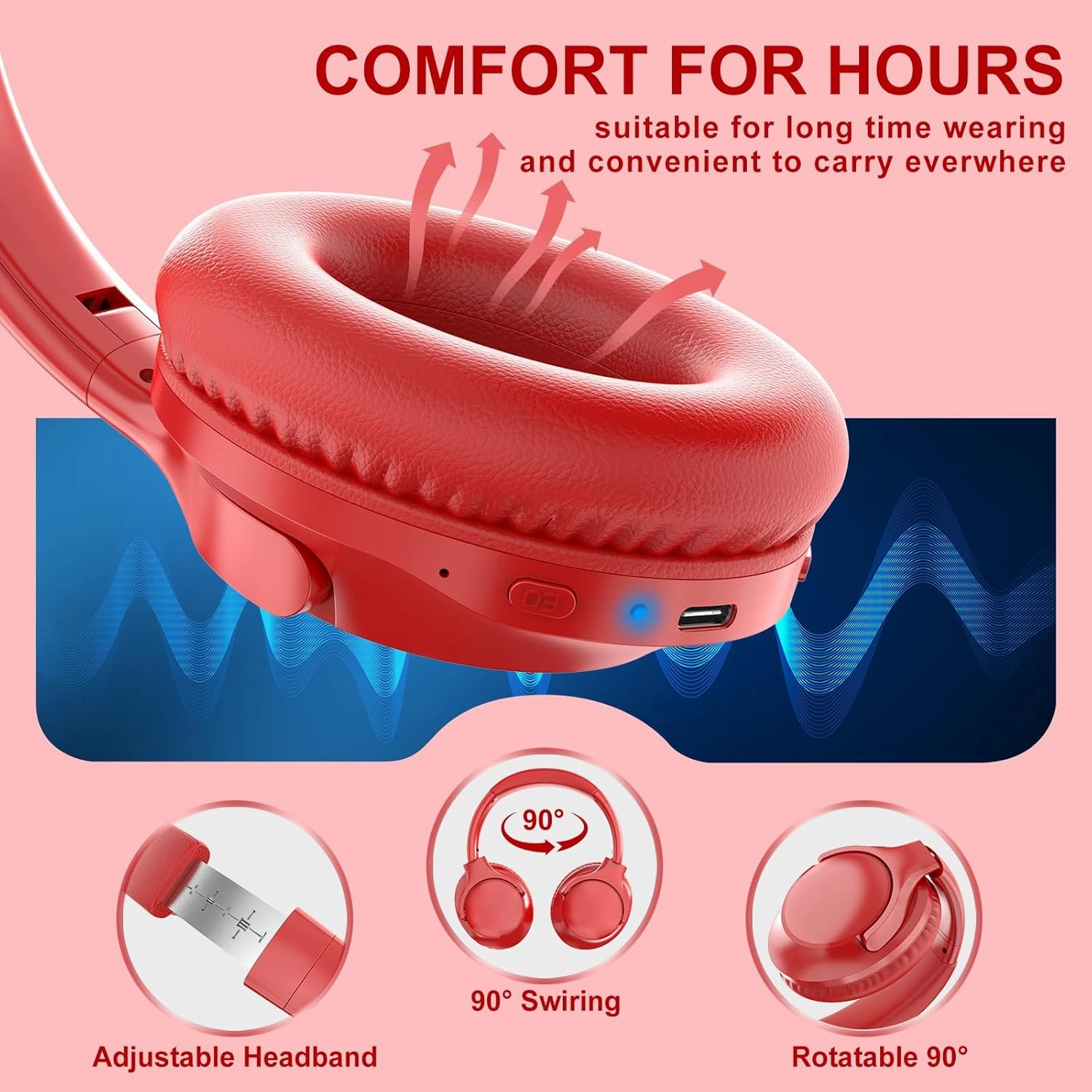 MIDOLA Bluetooth Headphones Over Ear 68H Playtime 6 EQ Wireless Headset with Microphone HiFi Stereo Foldable Lightweight Deep Bass for Travel Home Office Cellphone Red