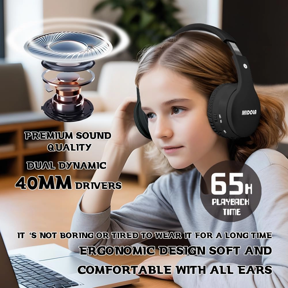 MIDOLA Kids Headphones Bluetooth 5.3 Wireless 60H Play Time Volume Limit 85/110dB Over Ear Foldable Protection Headset/Wired AUX Cord Mic for Child Boy Girl Travel School Phone Pad Tablet Black