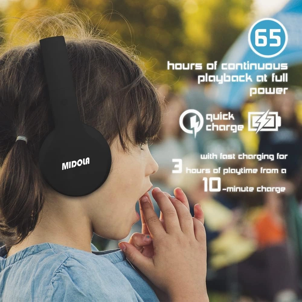 MIDOLA Kids Headphones Bluetooth 5.3 Wireless 60H Play Time Volume Limit 85/110dB Over Ear Foldable Protection Headset/Wired AUX Cord Mic for Child Boy Girl Travel School Phone Pad Tablet Black