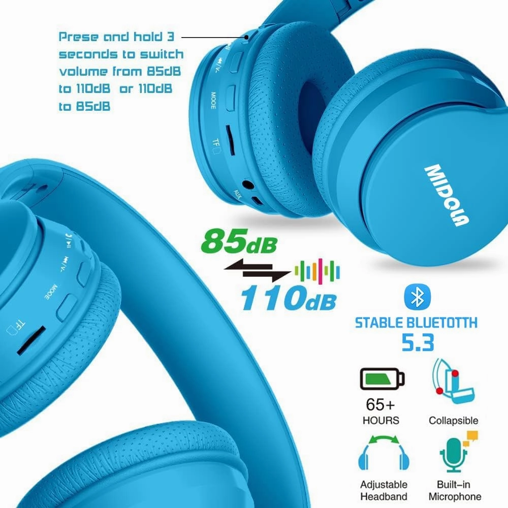 MIDOLA Kids Headphones Bluetooth 5.3 Wireless 60H Play Time Volume Limit 85/110dB Over Ear Foldable Protection Headset/Wired AUX Cord Mic for Children Boy Girl Travel School Phone Pad Tablet Blue