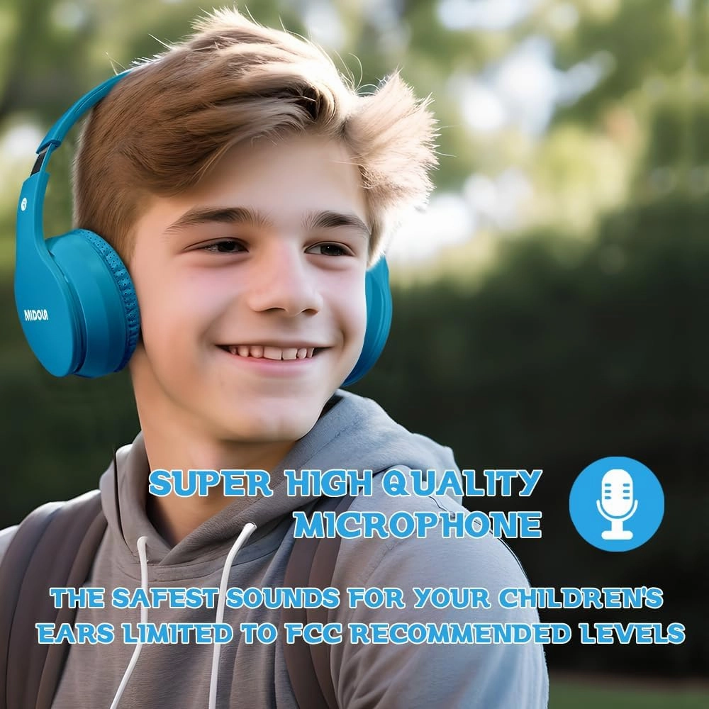 MIDOLA Kids Headphones Bluetooth 5.3 Wireless 60H Play Time Volume Limit 85/110dB Over Ear Foldable Protection Headset/Wired AUX Cord Mic for Children Boy Girl Travel School Phone Pad Tablet Blue