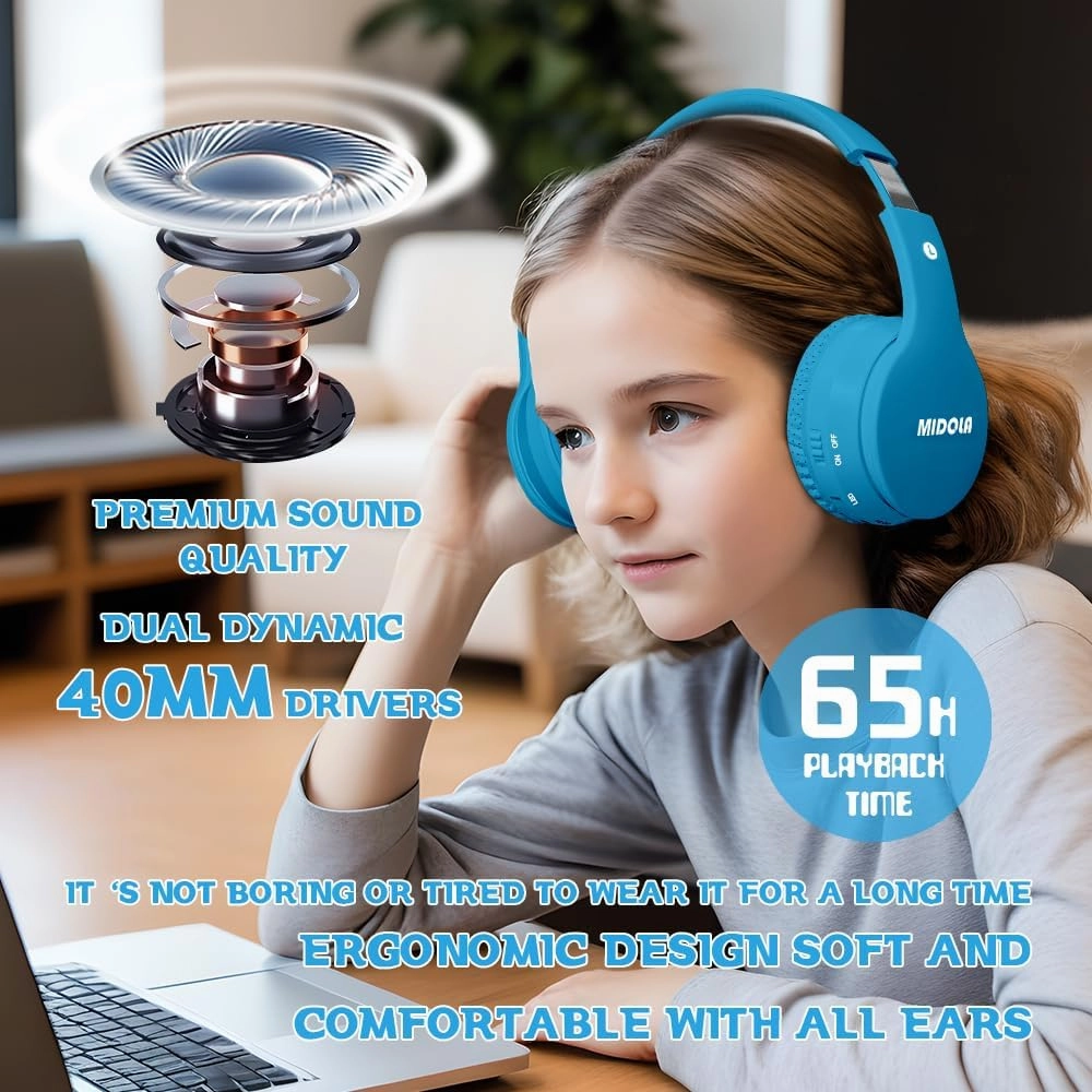 MIDOLA Kids Headphones Bluetooth 5.3 Wireless 60H Play Time Volume Limit 85/110dB Over Ear Foldable Protection Headset/Wired AUX Cord Mic for Children Boy Girl Travel School Phone Pad Tablet Blue