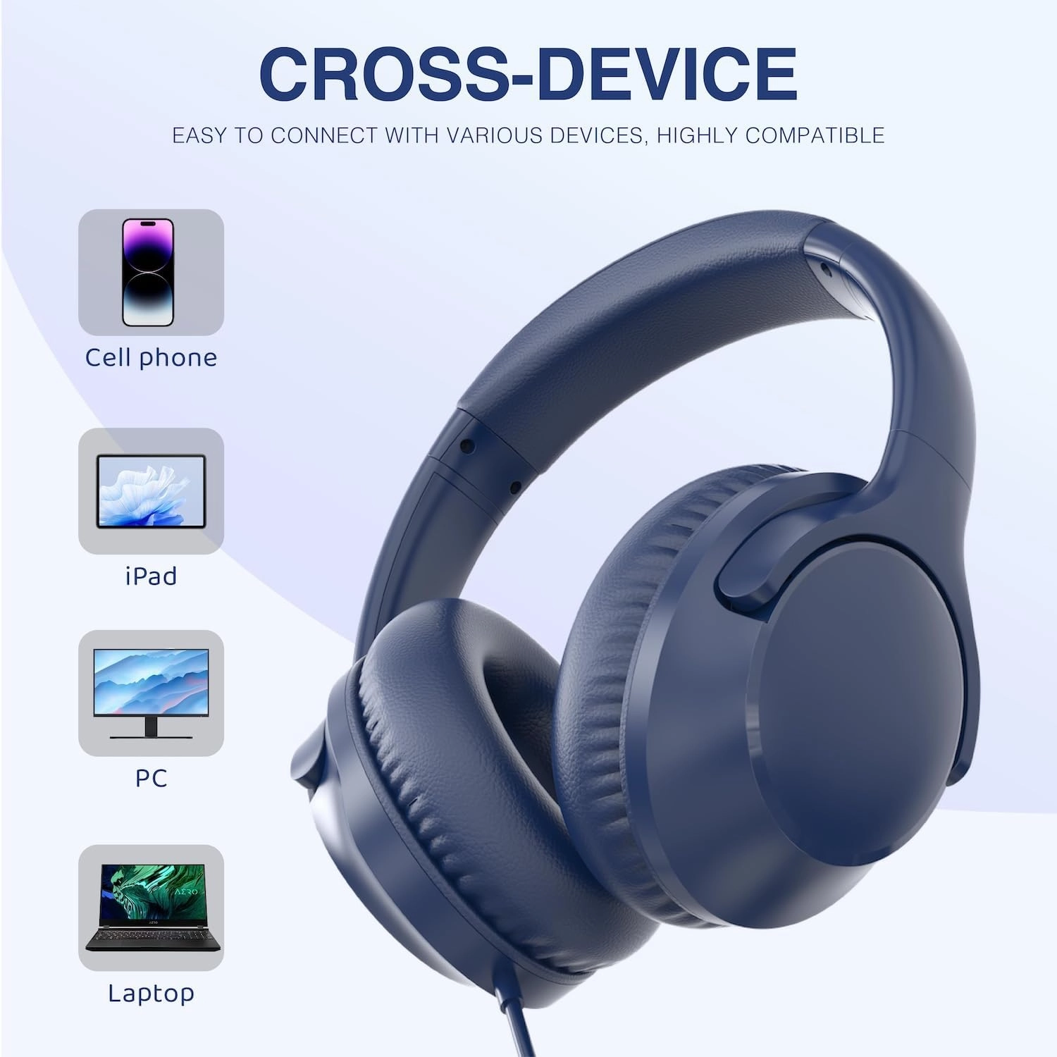 MIDOLA Wired Headphones Over-Ear Hi-Fi Sound with Microphone Adjustable Foldable, 1.5M Cord & 3.5mm Jack, Lightweight Headset for Kids Adults PC iPad Laptop Deep Blue