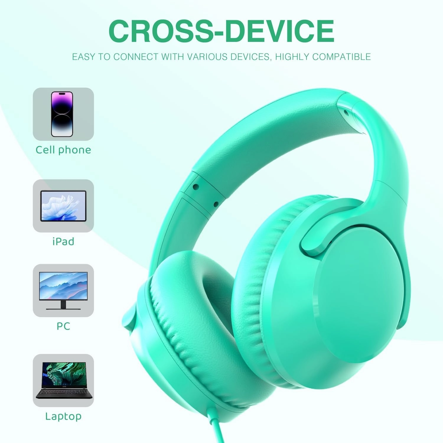 MIDOLA Wired Headphones Over-Ear Hi-Fi Sound with Microphone Adjustable Foldable, 1.5M Cord & 3.5mm Jack, Lightweight Headset for Kids Adults PC iPad Laptop Green