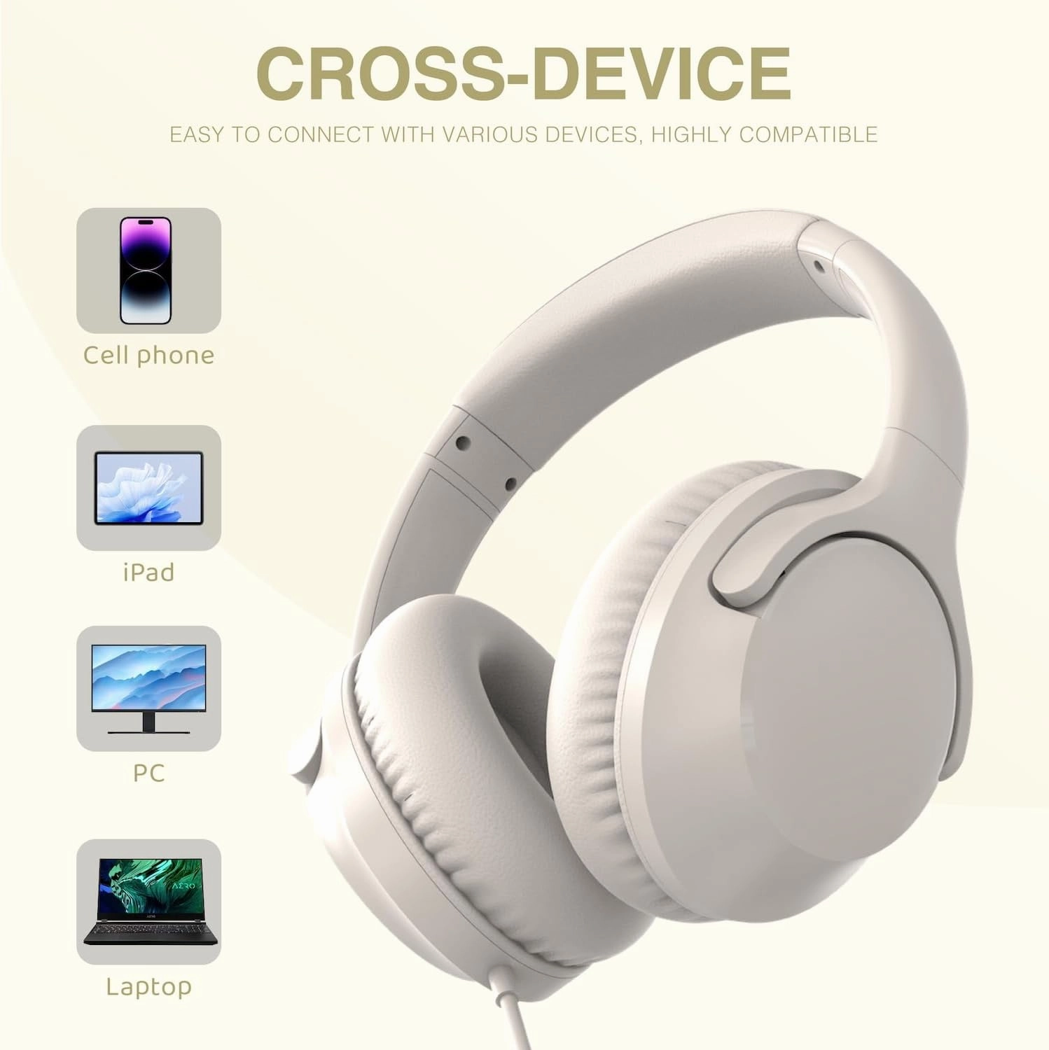 MIDOLA Wired Headphones Over-Ear Hi-Fi Sound with Microphone Adjustable Foldable, 1.5M Cord & 3.5mm Jack, Lightweight Headset for Kids Adults PC iPad Laptop Milk White
