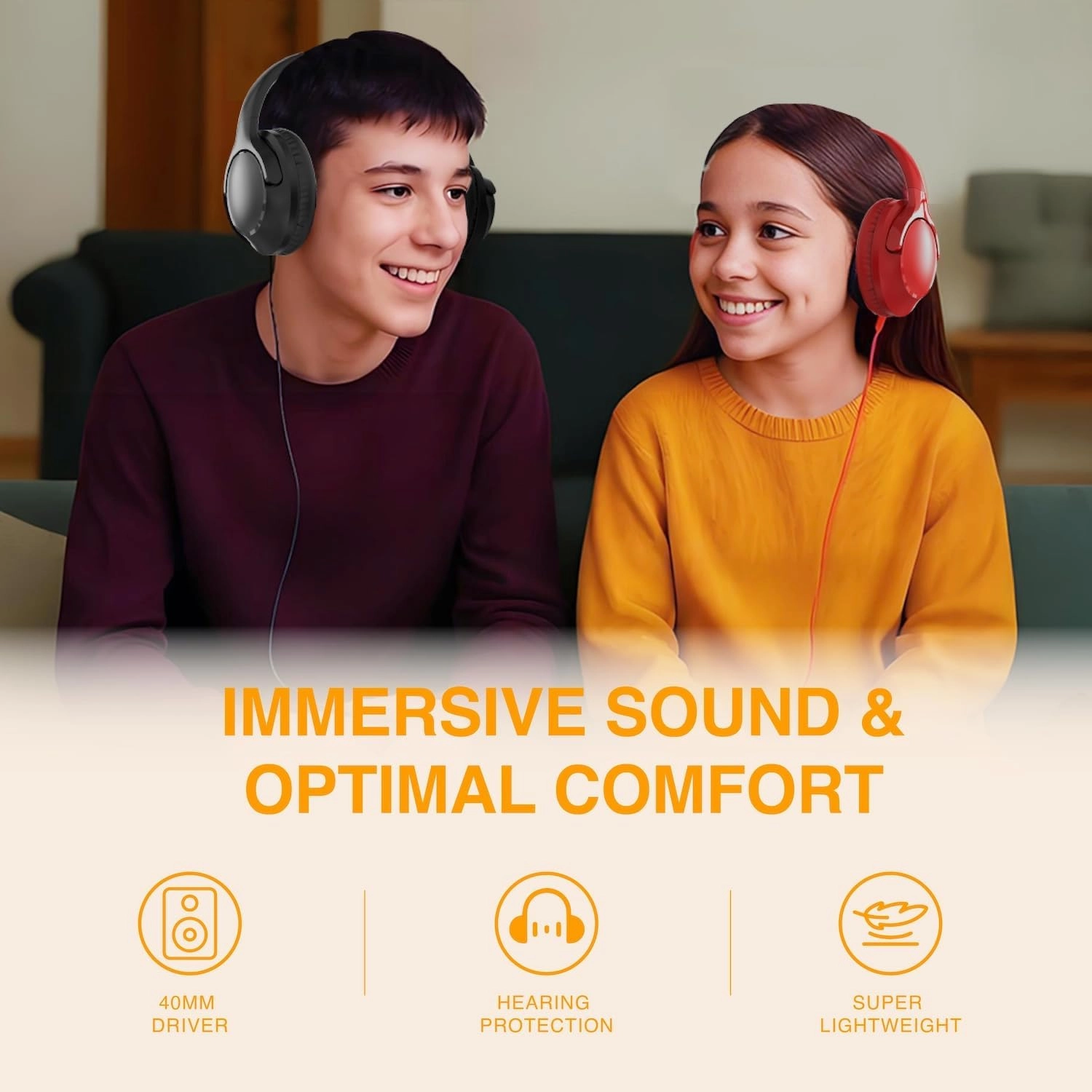 MIDOLA Wired Headphones Over-Ear Hi-Fi Sound with Microphone Adjustable Foldable, 1.5M Cord & 3.5mm Jack, Lightweight Headset for Kids Adults PC iPad Laptop Orange