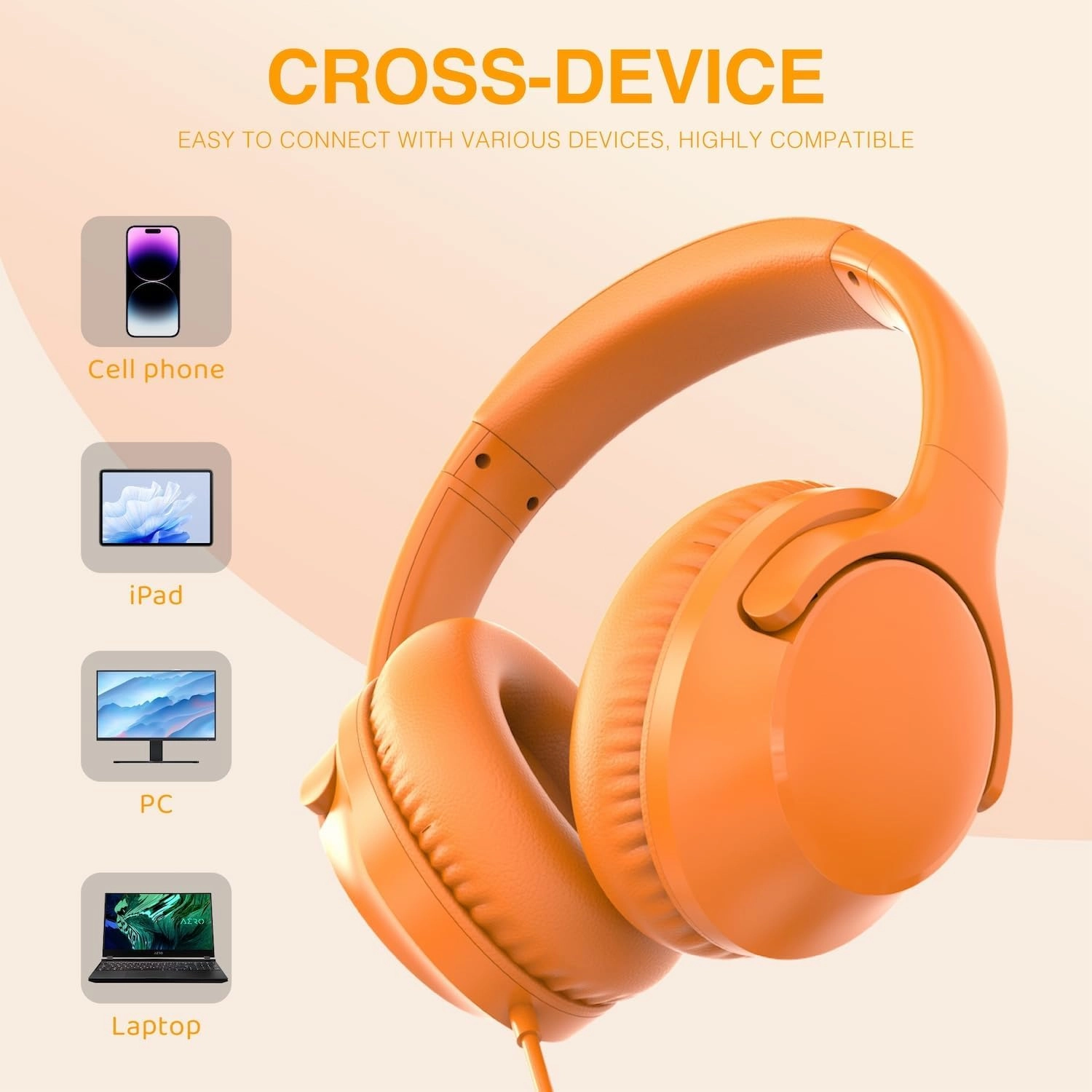MIDOLA Wired Headphones Over-Ear Hi-Fi Sound with Microphone Adjustable Foldable, 1.5M Cord & 3.5mm Jack, Lightweight Headset for Kids Adults PC iPad Laptop Orange