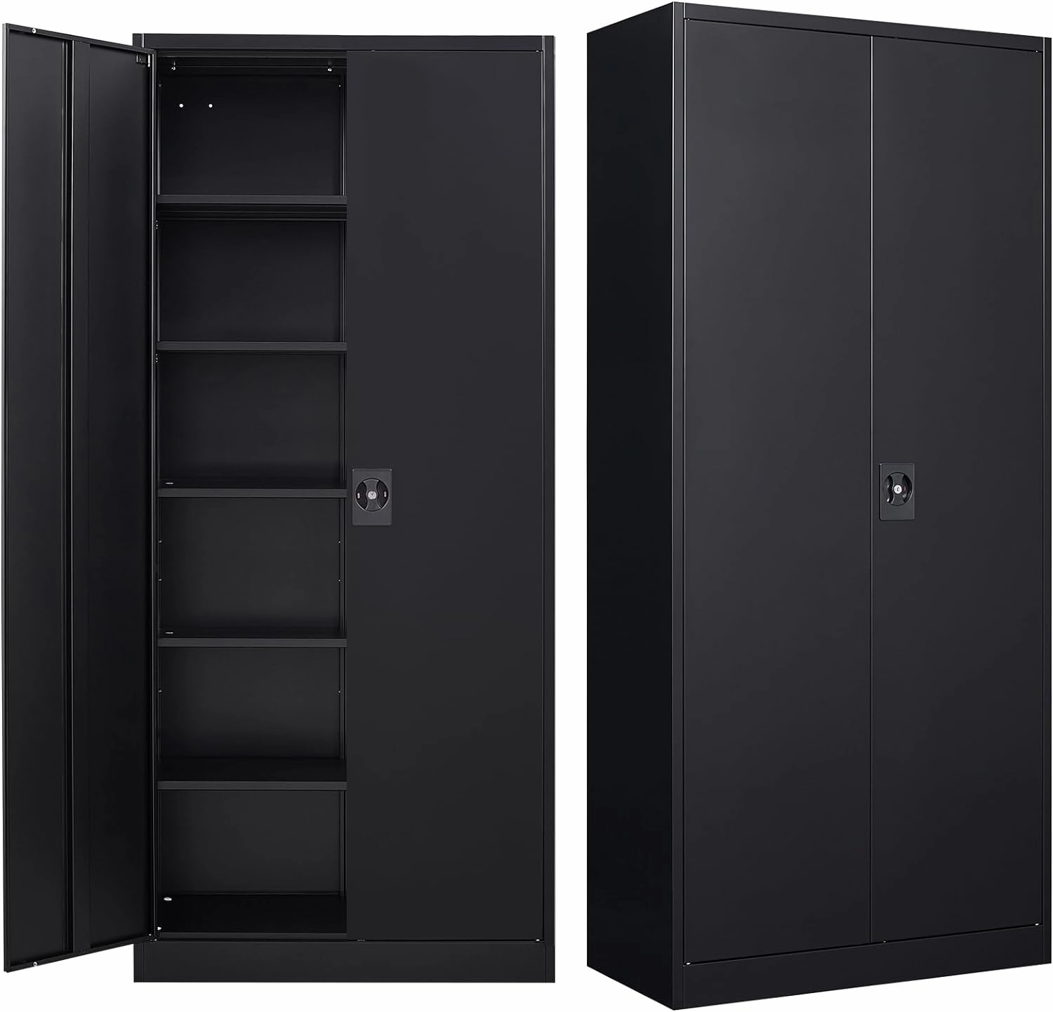 MIIIKO Metal Cabinet for Storage, Locking Door Tall Steel Storage Cabinet with 5 Shelves, Black Garage Cabinet Organizer, 71" Heavy Duty Utility Cabinets with Lock 2 Doors equipment cabinet,AV gear cabinet,component enclosure,
