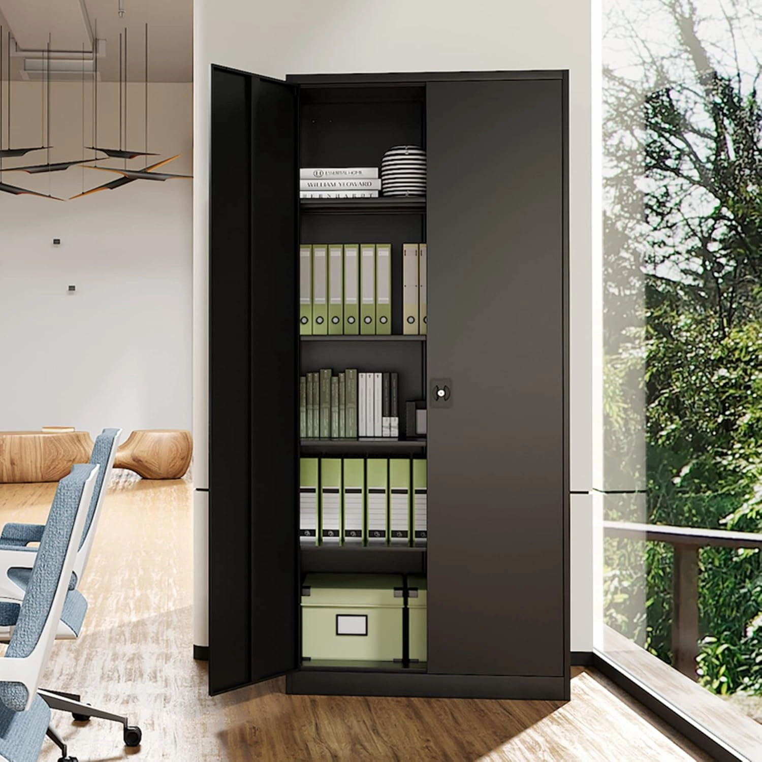 MIIIKO Metal Cabinet for Storage, Locking Door Tall Steel Storage Cabinet with 5 Shelves, Black Garage Cabinet Organizer, 71" Heavy Duty Utility Cabinets with Lock 2 Doors