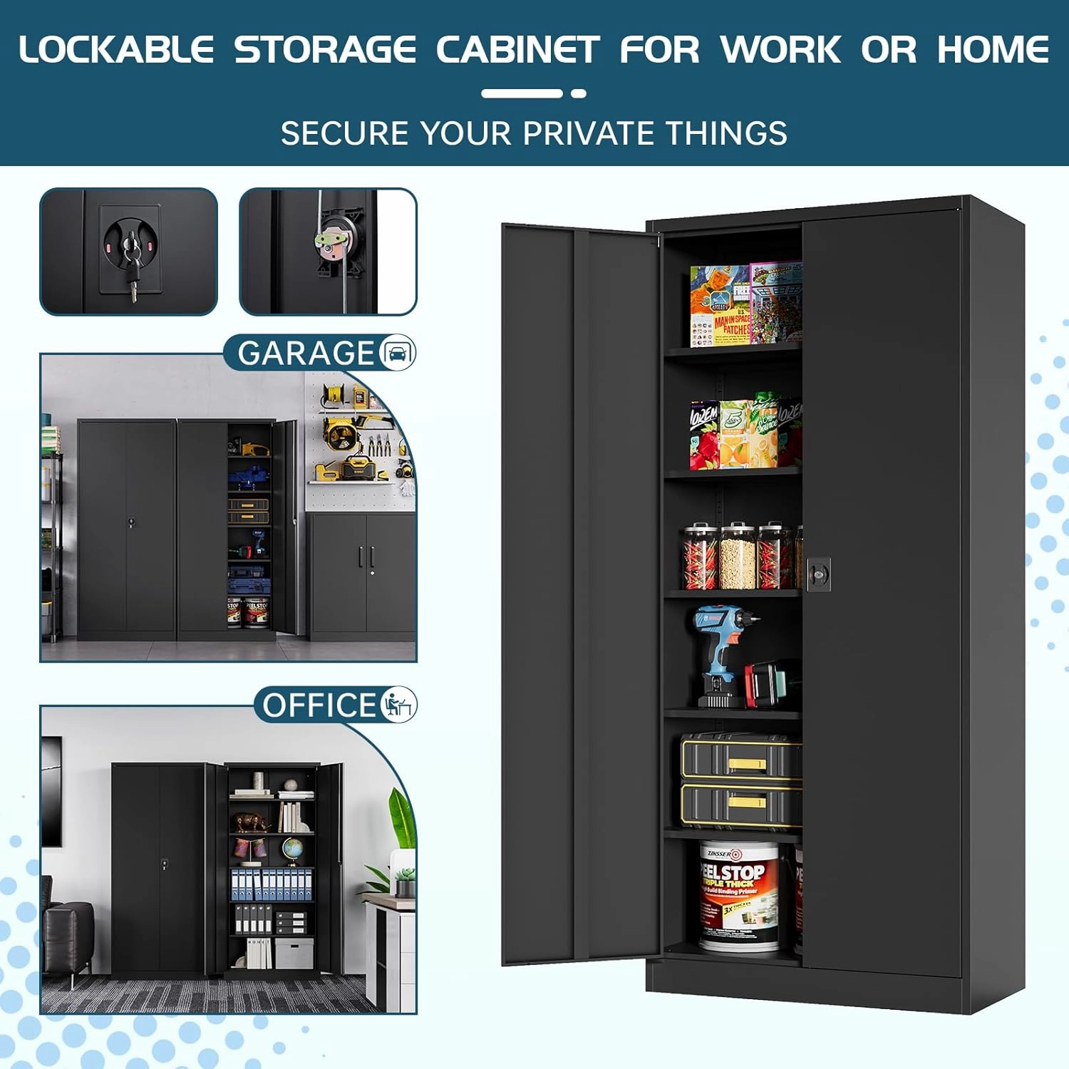 MIIIKO Metal Cabinet for Storage, Locking Door Tall Steel Storage Cabinet with 5 Shelves, Black Garage Cabinet Organizer, 71" Heavy Duty Utility Cabinets with Lock 2 Doors