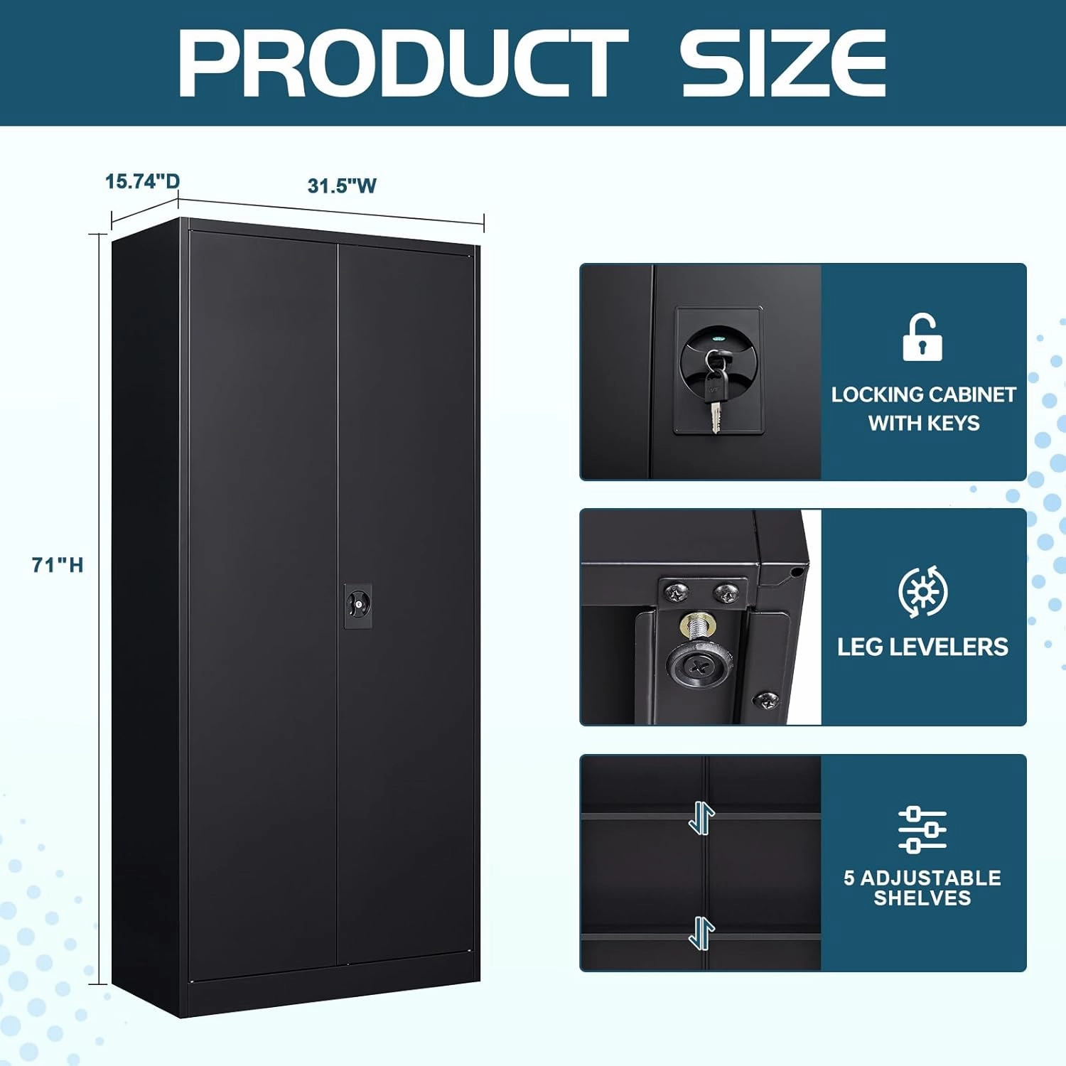 MIIIKO Metal Cabinet for Storage, Locking Door Tall Steel Storage Cabinet with 5 Shelves, Black Garage Cabinet Organizer, 71" Heavy Duty Utility Cabinets with Lock 2 Doors
