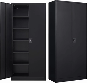 MIIIKO Metal Cabinet for Storage, Locking Door Tall Steel Storage Cabinet with 5 Shelves, Black Garage Cabinet Organizer, 71" Heavy Duty Utility Cabinets with Lock 2 Doors equipment cabinet,AV gear cabinet,component enclosure,