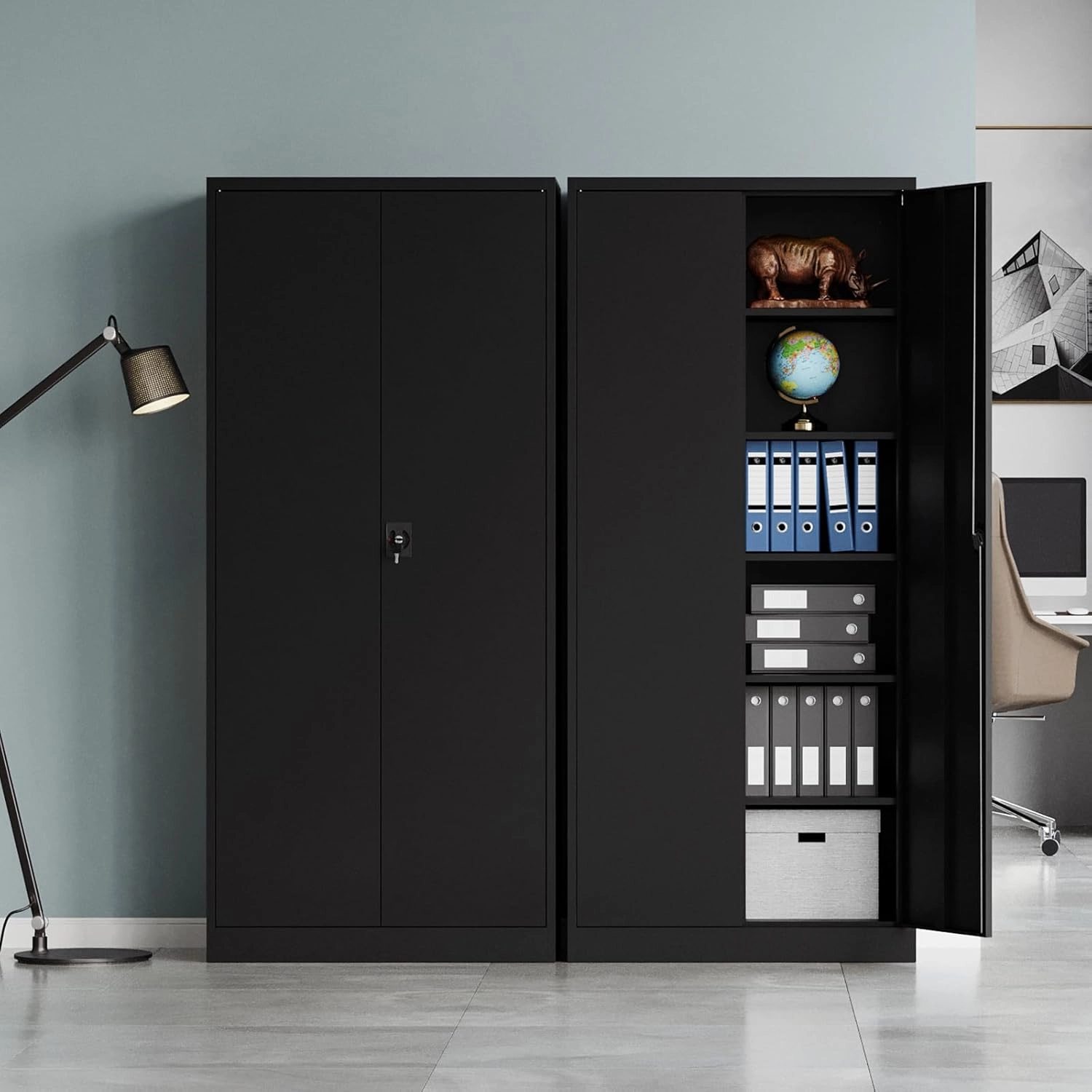 MIIIKO Metal Cabinet for Storage, Locking Door Tall Steel Storage Cabinet with 5 Shelves, Black Garage Cabinet Organizer, 71" Heavy Duty Utility Cabinets with Lock 2 Doors
