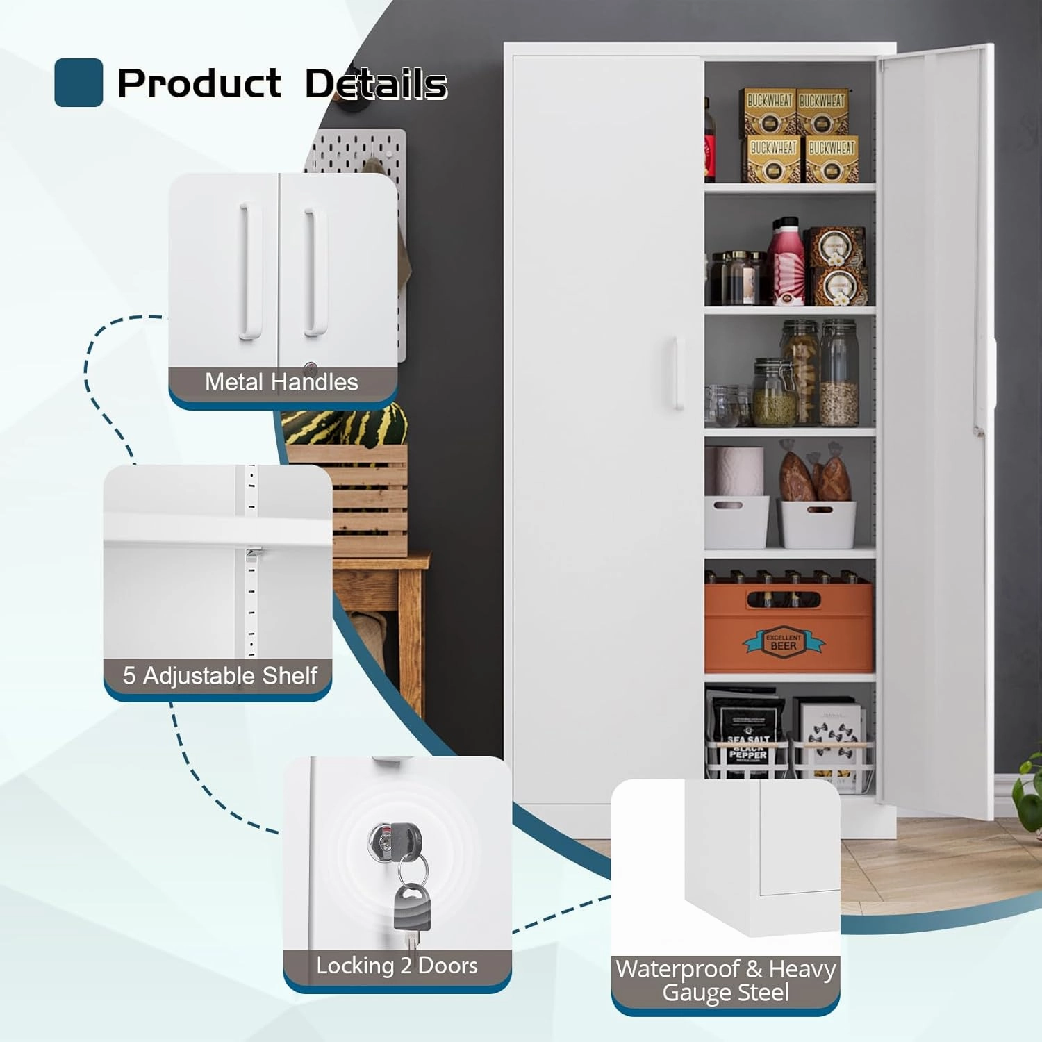 MIIIKO Metal Storage Cabinet with Lock, 71 Steel Storage Cabinet with 2 Doors and 5 Adjustable Shelves, for Office, School, Pantry and Kitchen