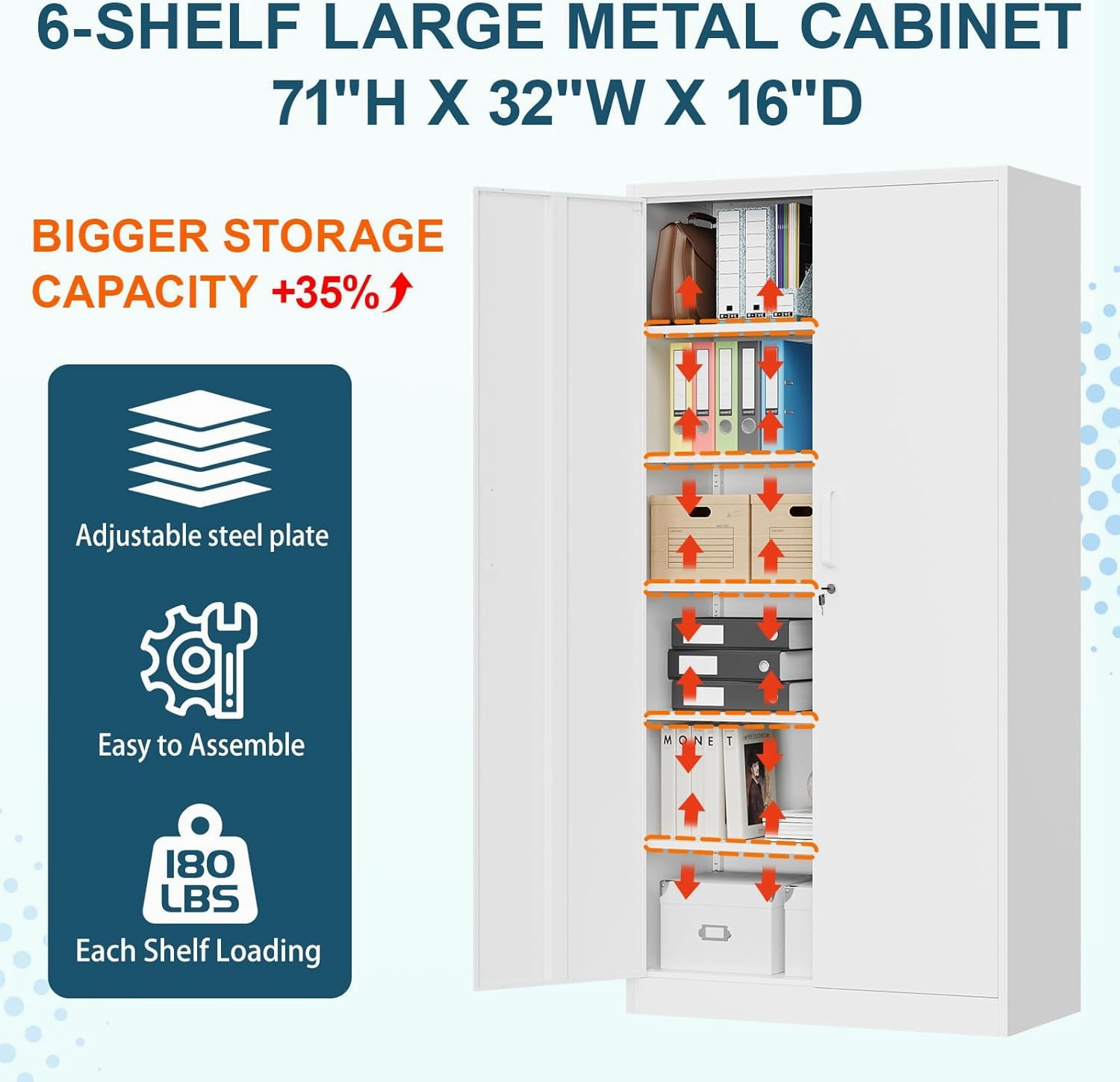 MIIIKO Metal Storage Cabinet with Lock, 71 Steel Storage Cabinet with 2 Doors and 5 Adjustable Shelves, for Office, School, Pantry and Kitchen