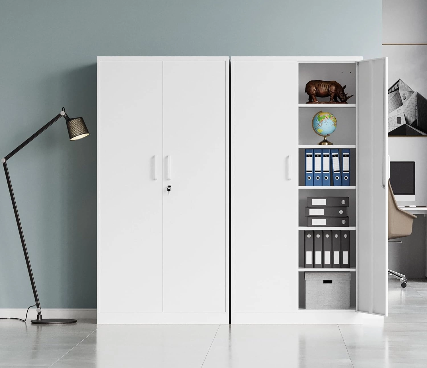 MIIIKO Metal Storage Cabinet with Lock, 71 Steel Storage Cabinet with 2 Doors and 5 Adjustable Shelves, for Office, School, Pantry and Kitchen