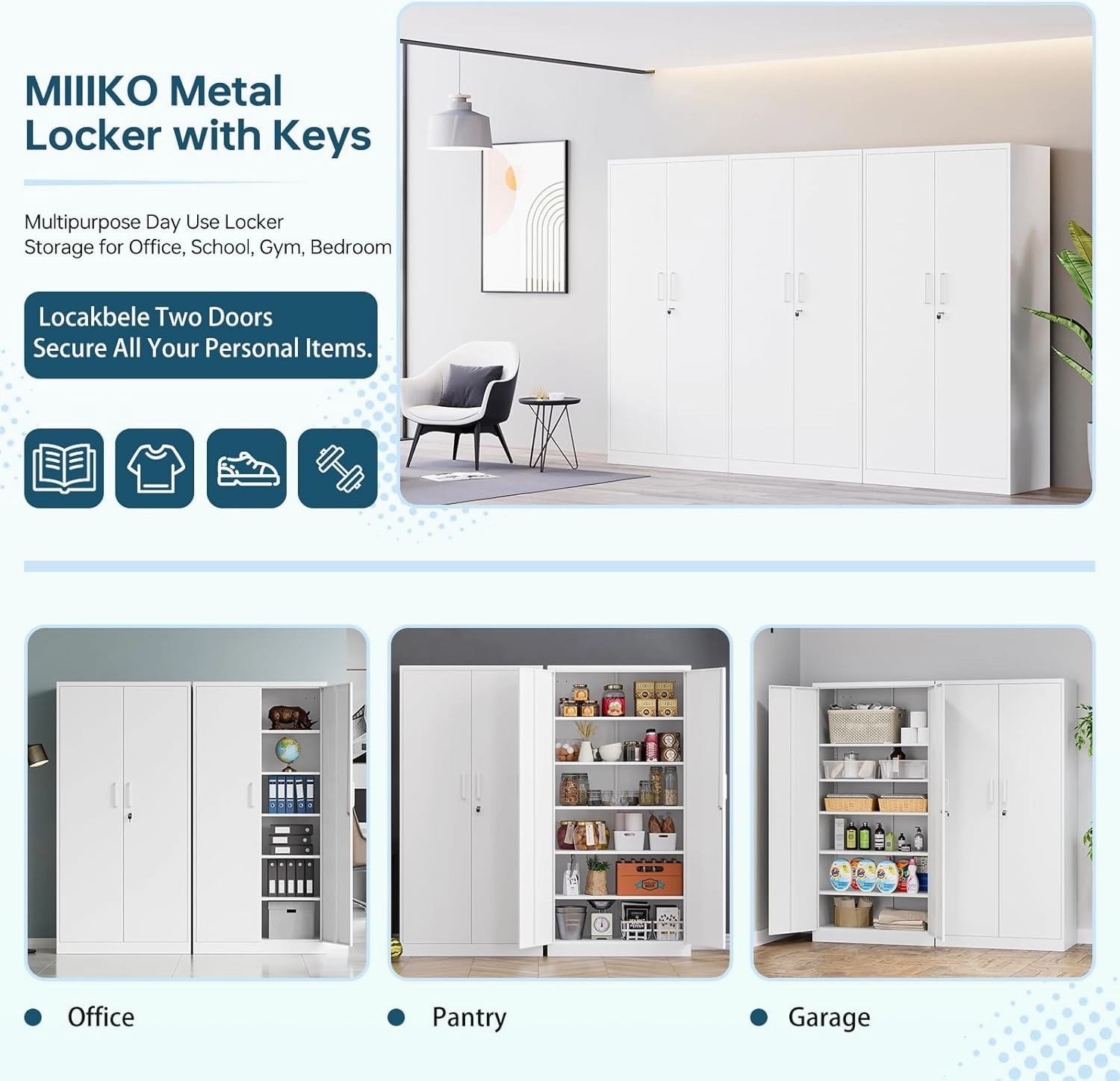 MIIIKO Metal Storage Cabinet with Lock, 71 Steel Storage Cabinet with 2 Doors and 5 Adjustable Shelves, for Office, School, Pantry and Kitchen