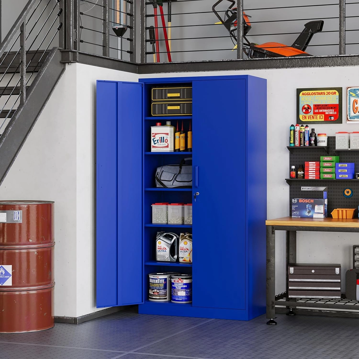 MIIIKO Metal Storage Cabinet with Locking Doors, 72'' Tall Blue Steel Cabinet with 5 Adjustable Shelves, Lockable Metal Utility for Garage, Office, Pantry and Kitchen