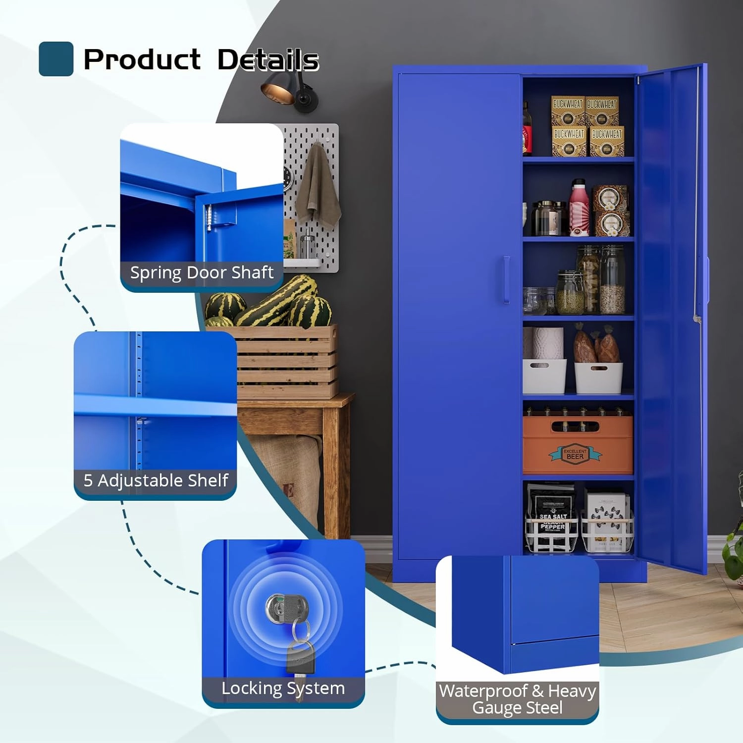 MIIIKO Metal Storage Cabinet with Locking Doors, 72'' Tall Blue Steel Cabinet with 5 Adjustable Shelves, Lockable Metal Utility for Garage, Office, Pantry and Kitchen