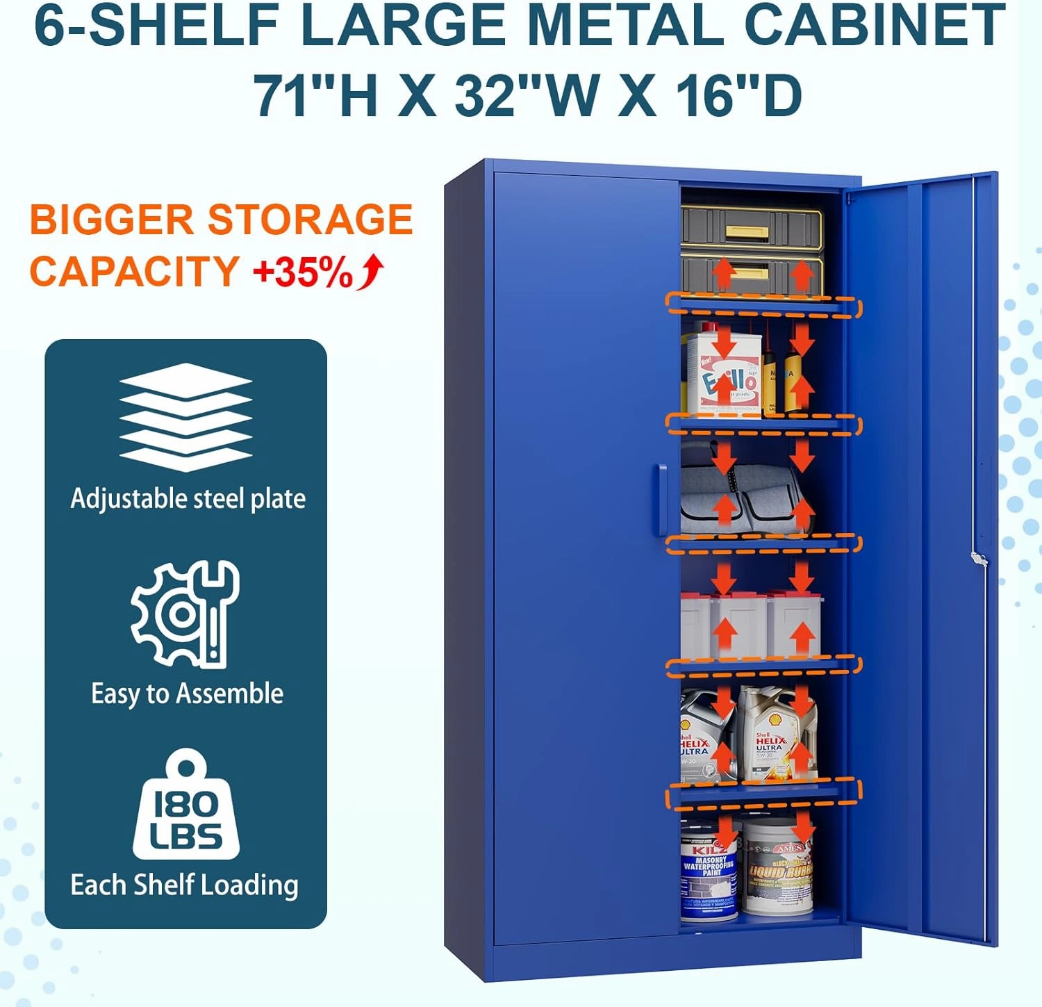 MIIIKO Metal Storage Cabinet with Locking Doors, 72'' Tall Blue Steel Cabinet with 5 Adjustable Shelves, Lockable Metal Utility for Garage, Office, Pantry and Kitchen