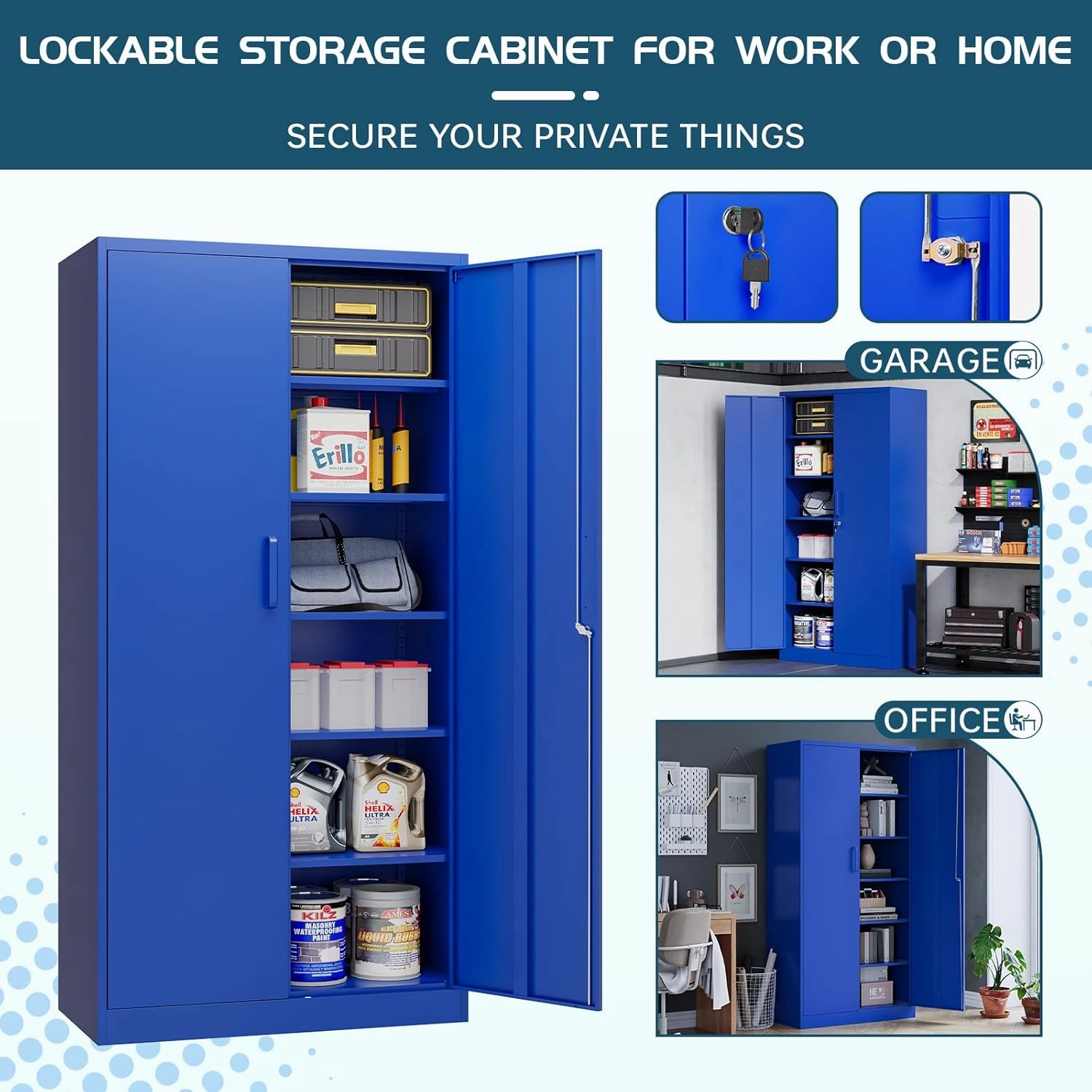 MIIIKO Metal Storage Cabinet with Locking Doors, 72'' Tall Blue Steel Cabinet with 5 Adjustable Shelves, Lockable Metal Utility for Garage, Office, Pantry and Kitchen