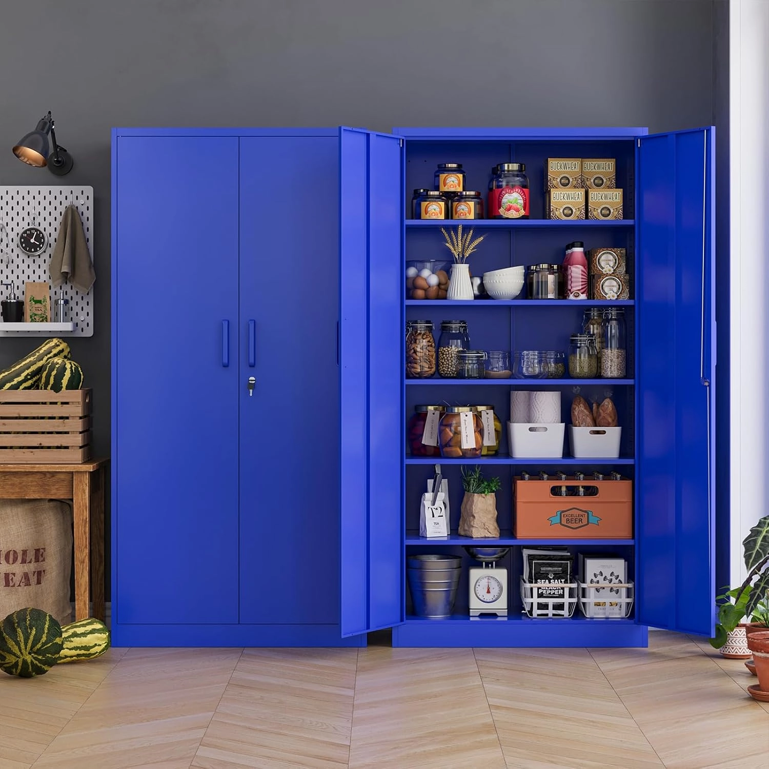 MIIIKO Metal Storage Cabinet with Locking Doors, 72'' Tall Blue Steel Cabinet with 5 Adjustable Shelves, Lockable Metal Utility for Garage, Office, Pantry and Kitchen