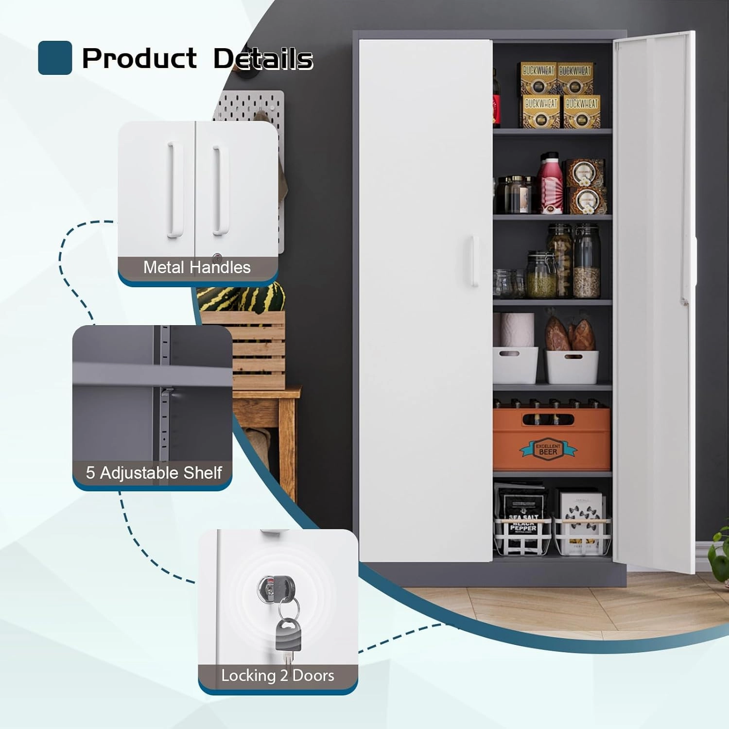 MIIIKO Storage Cabinet with Locking Doors, 72" Tall Metal Cabinet with 5 Adjustable Shelves, 36" Wide Steel Cabinets for Home Office, Garage, Pantry, Workshop