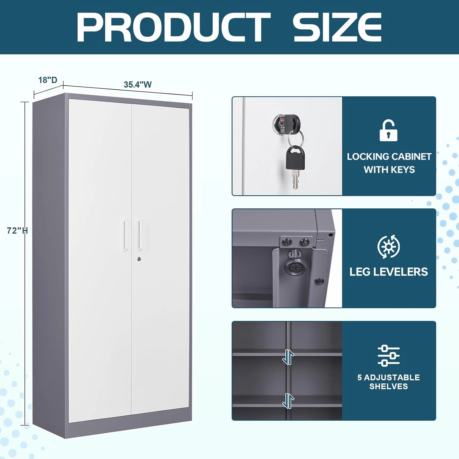 MIIIKO Storage Cabinet with Locking Doors, 72" Tall Metal Cabinet with 5 Adjustable Shelves, 36" Wide Steel Cabinets for Home Office, Garage, Pantry, Workshop
