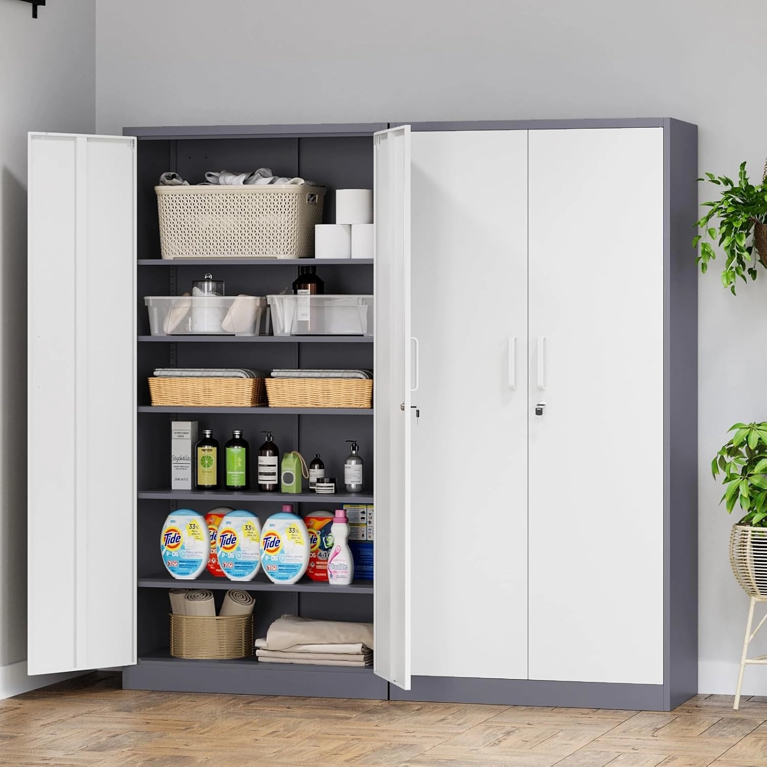 MIIIKO Storage Cabinet with Locking Doors, 72" Tall Metal Cabinet with 5 Adjustable Shelves, 36" Wide Steel Cabinets for Home Office, Garage, Pantry, Workshop