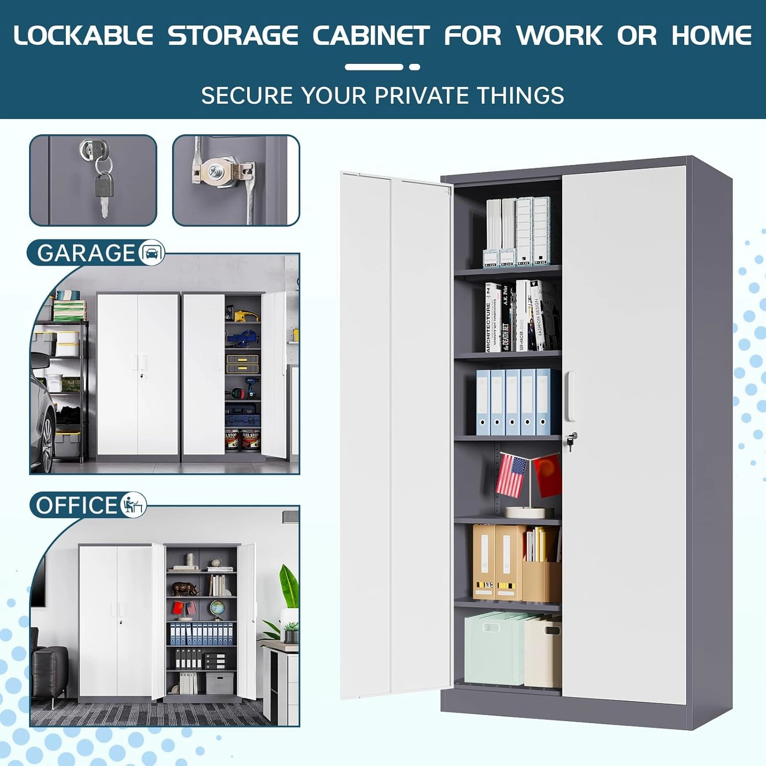 MIIIKO Storage Cabinet with Locking Doors, 72" Tall Metal Cabinet with 5 Adjustable Shelves, 36" Wide Steel Cabinets for Home Office, Garage, Pantry, Workshop